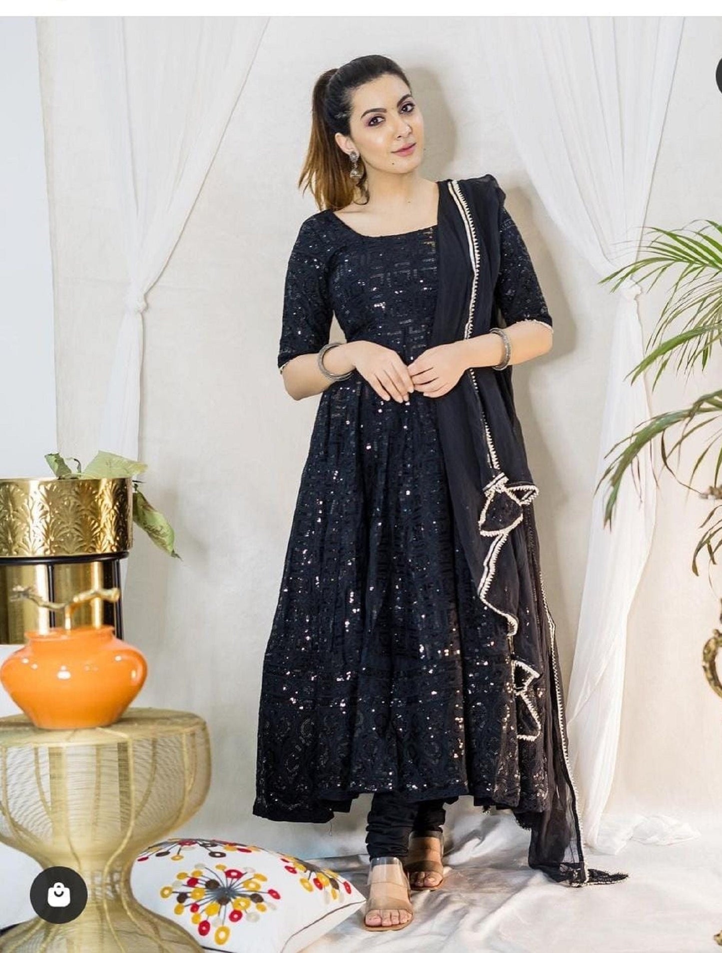 Premium black Chikankari Anarkali Suit with and Dupatta, Full Flared Embroidered Cotton Elegant Salwar Suit set Reaymade upto 2xl