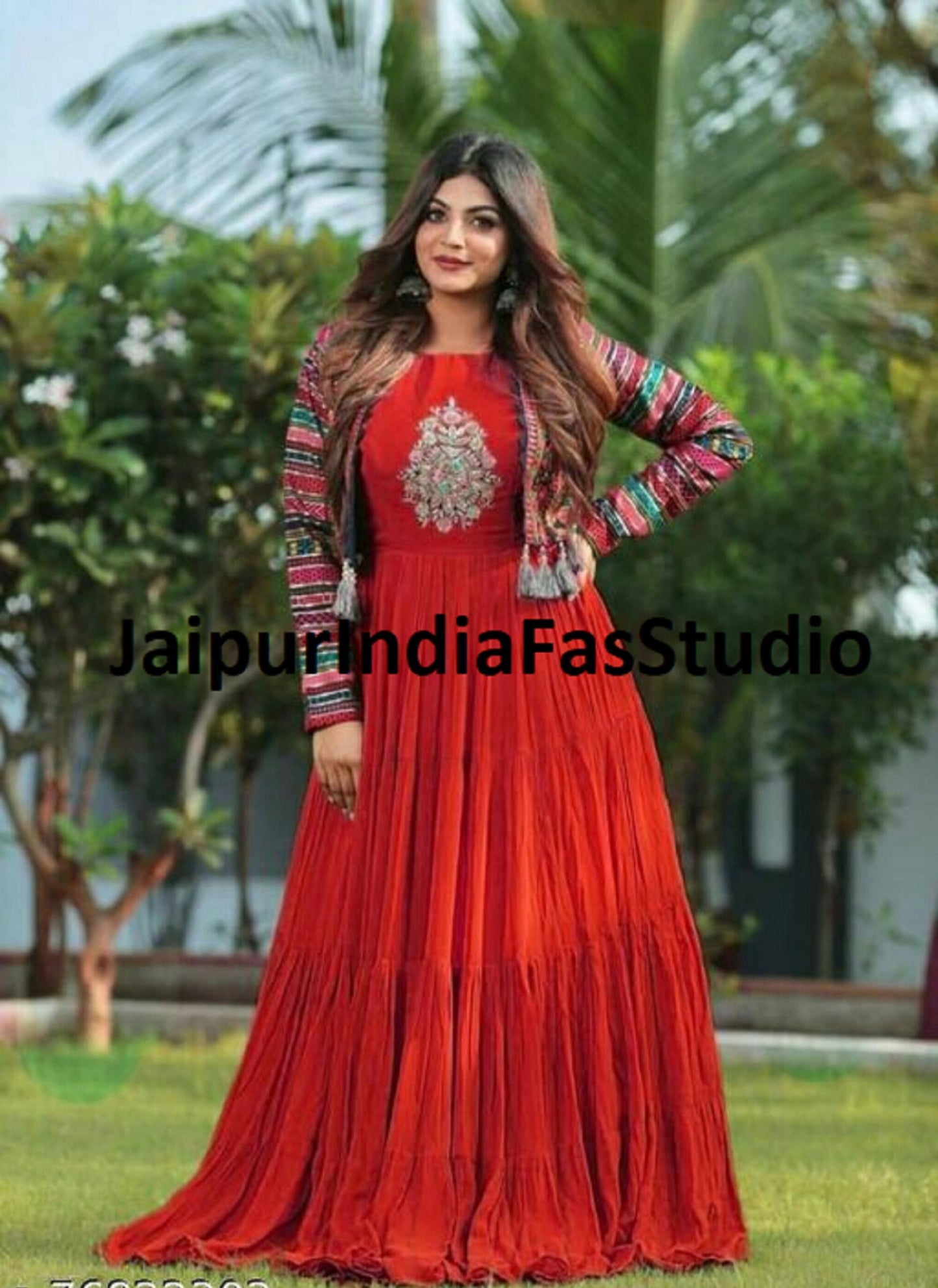 karwa chauth  Indian embroidered printed jacket and kurta gown designer pakistani salwaar kameez, long flared dress with shrug for girls