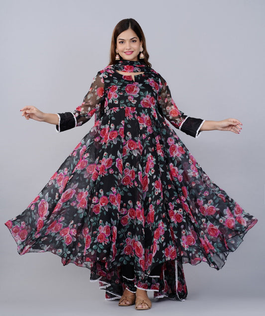 Beautiful Chiffon Indian gown with flowers printed gown with dupatta party Anarkali gown for girls and women ,flower print gown, dresses