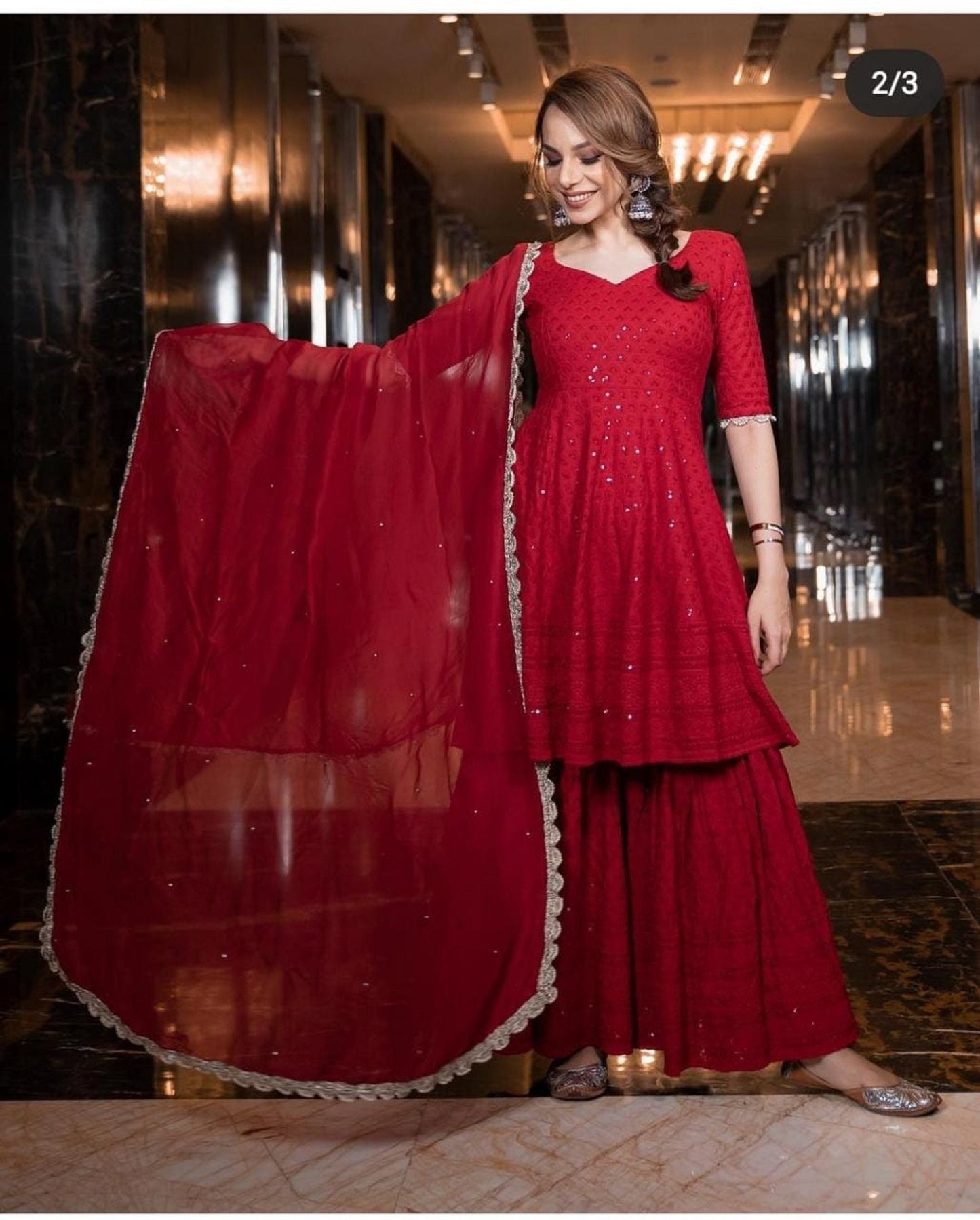 Designer Red Color Wedding wear Sharara Suit with Embroidery, Reception & Party Wear Readymade Salwar Kameez Suit, Pakistani Sharara Suit