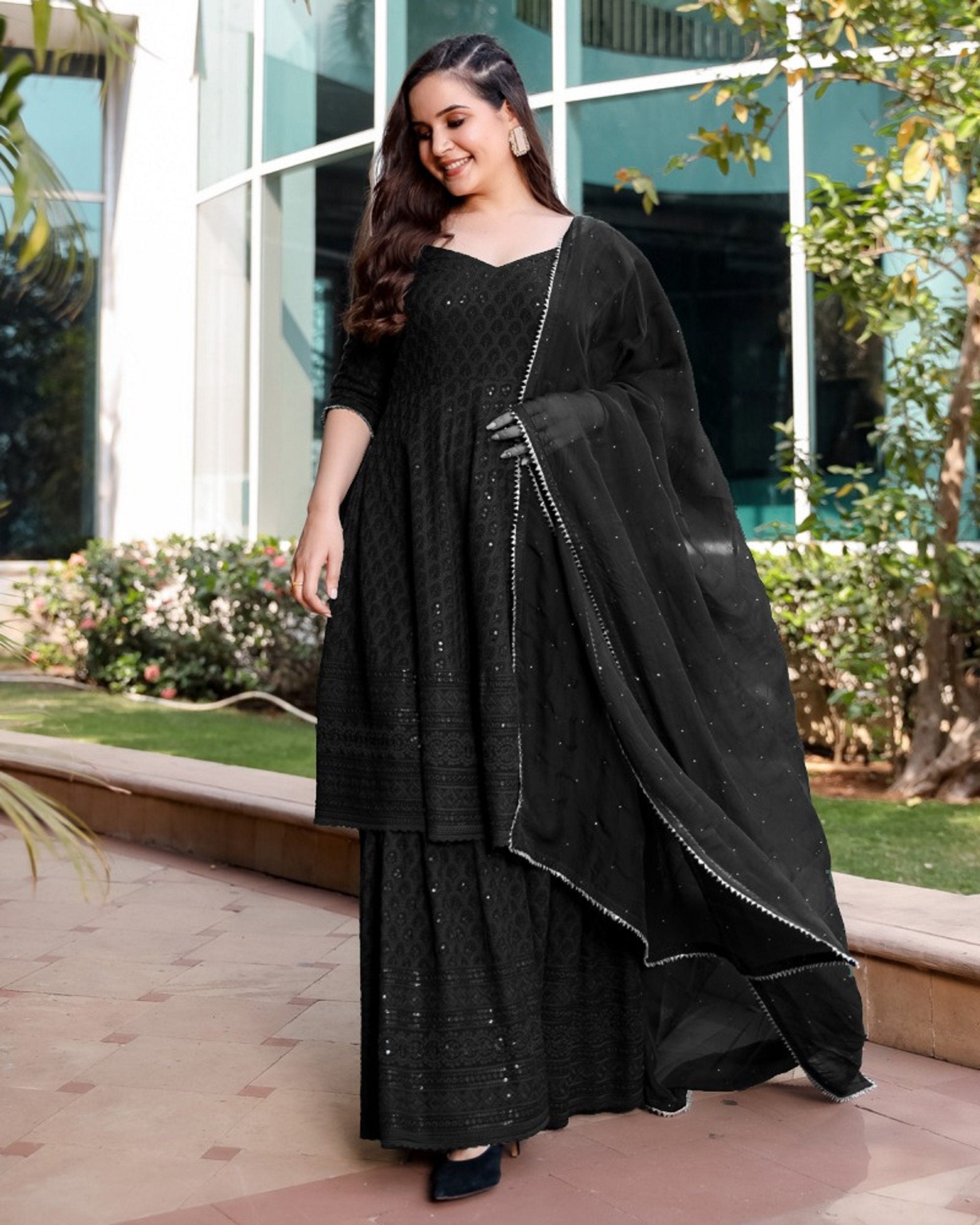 Buy Drashti Dhami black color georgette party wear sharara suit in UK, USA  and Canada