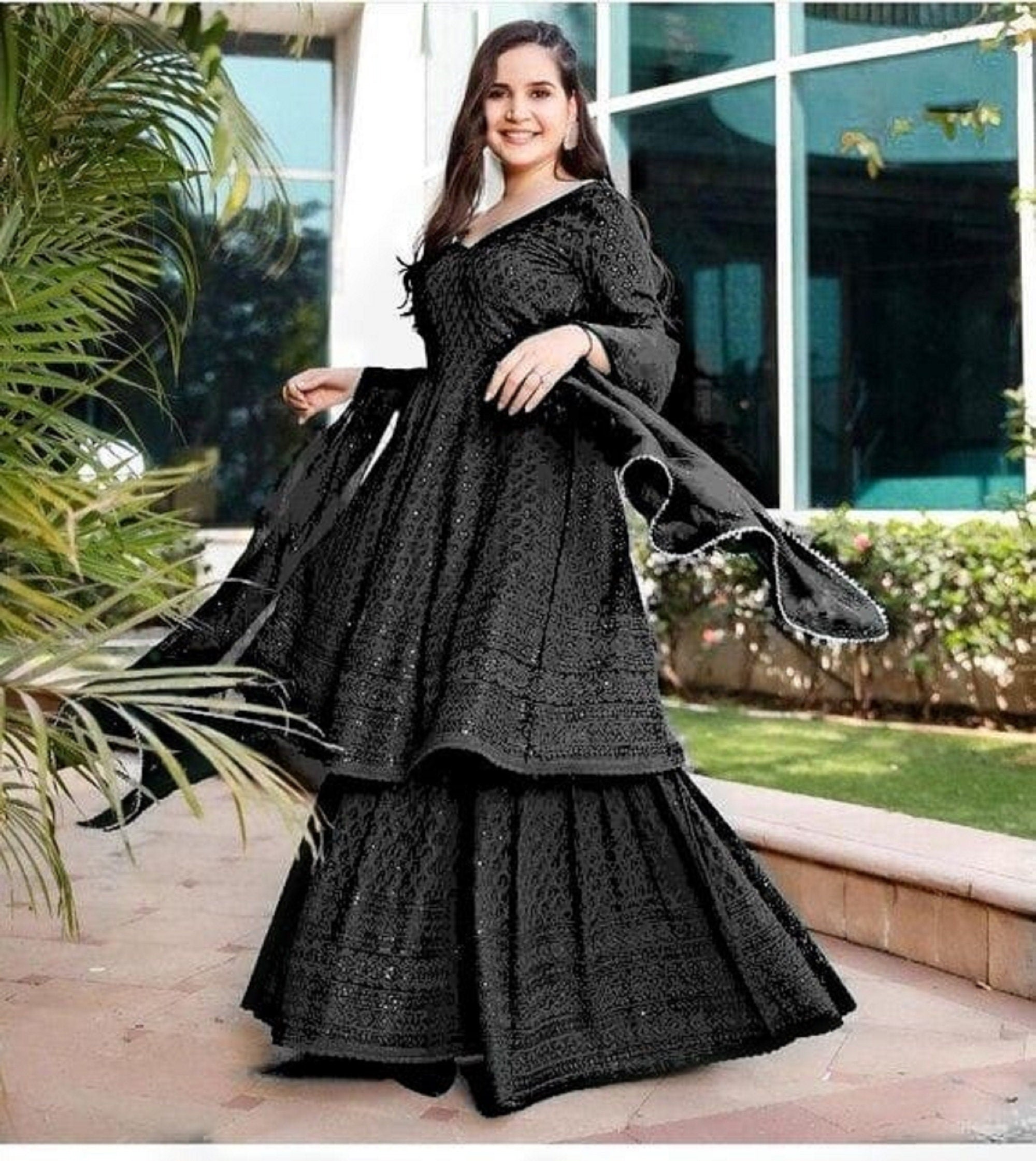 Buy Ink Black Sharara Suit In Georgette With Resham Work In Leaf Buttis And  Chevron Pattern Online - Kalki Fashion