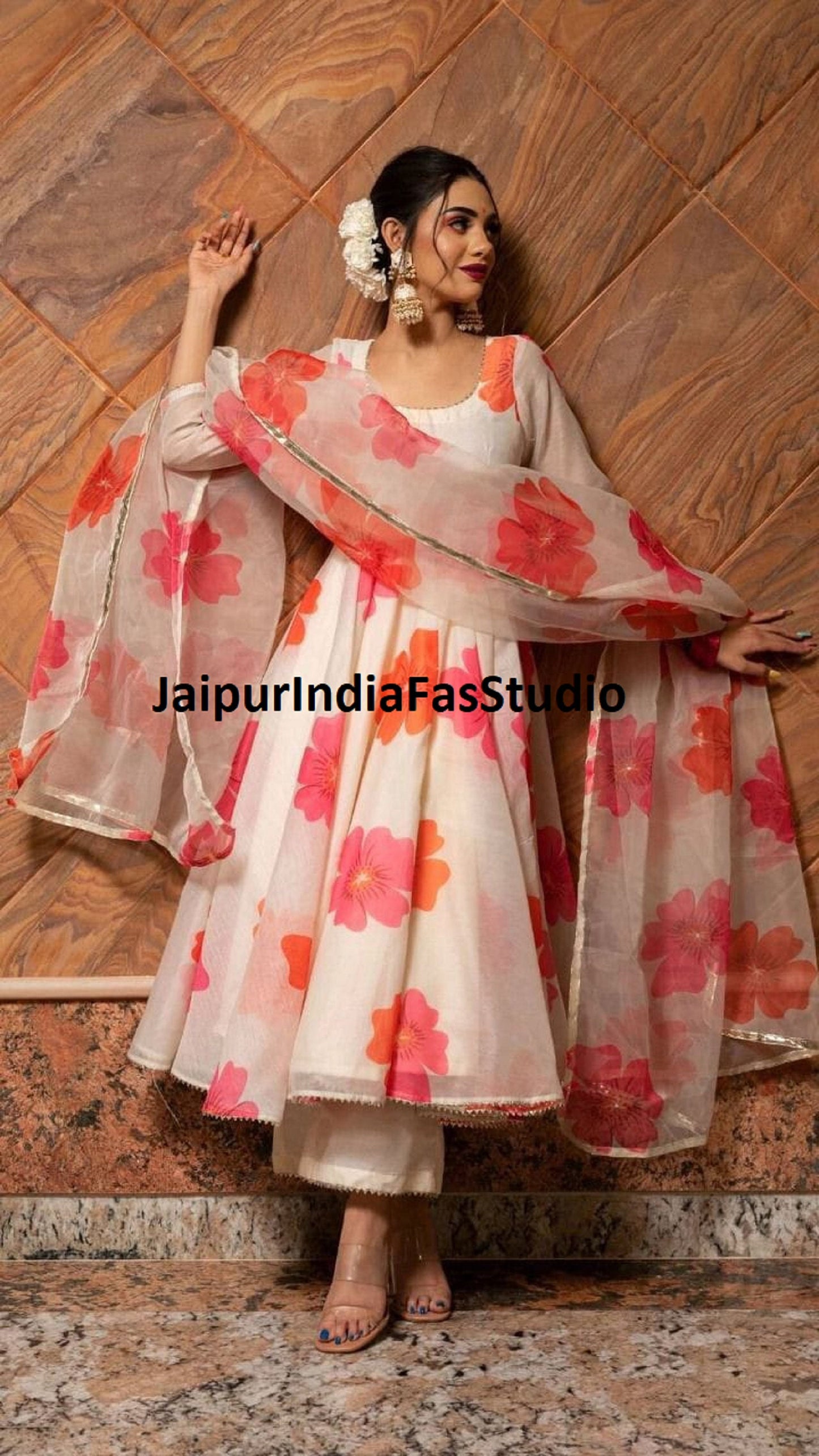 Attractive Flower Print with Handwork White Anarkali Kurti with Pant and Duppatta for women, Indian Long Flared Kurta 3 piece set Readymade,