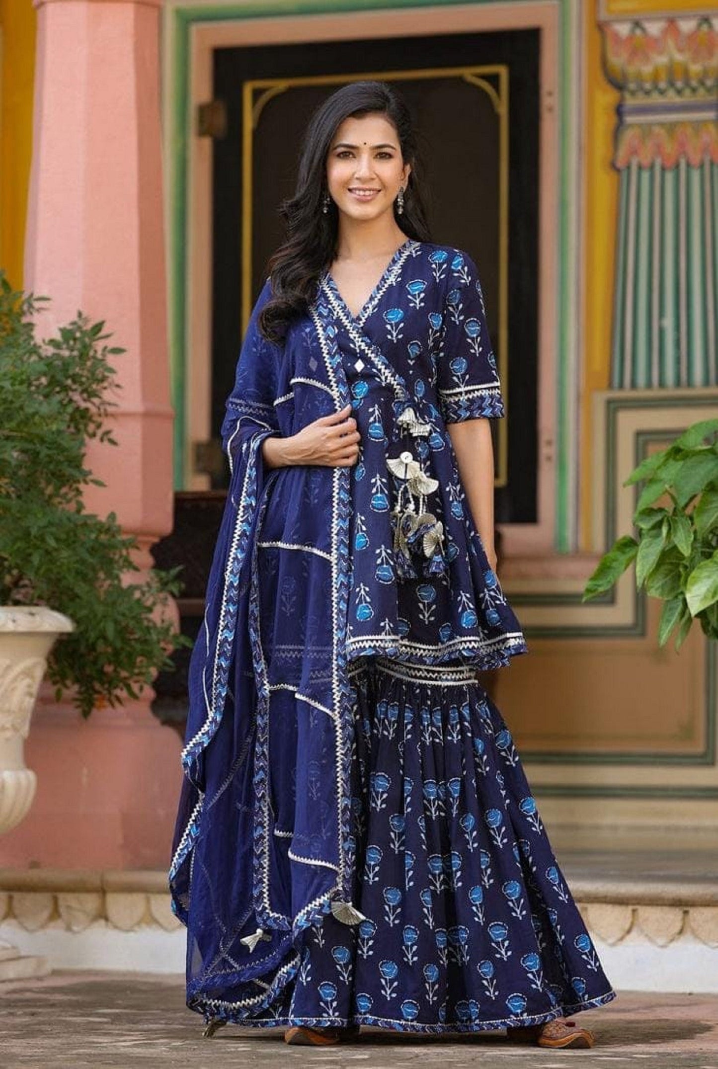 Premium Indian Angrakha V neck Blue Full Flared Kurta Sharara set with Dupatta, Cotton Printed Ethnic Salwar Kameez Readymade for women