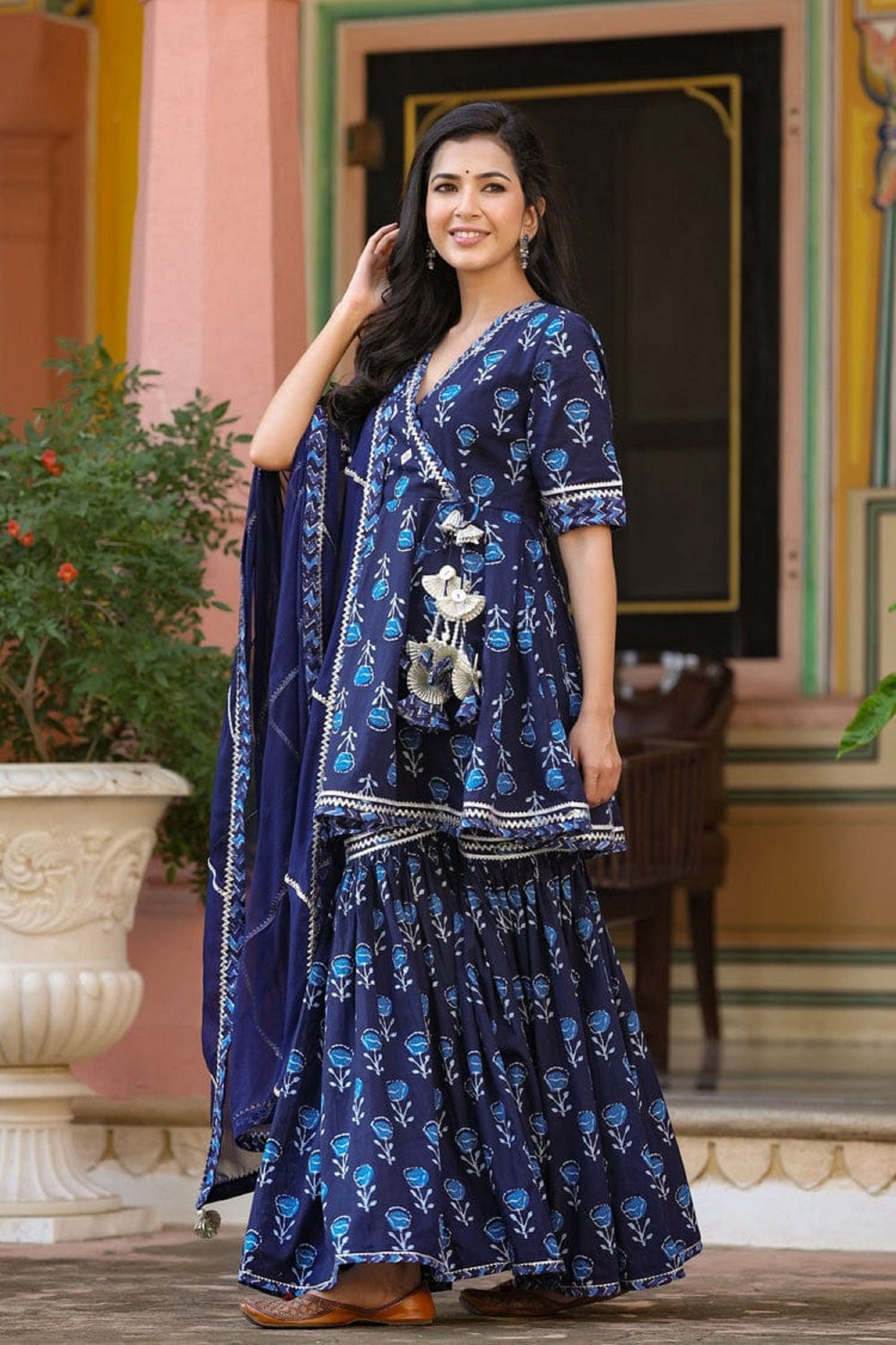 Premium Indian Angrakha V neck Blue Full Flared Kurta Sharara set with Dupatta, Cotton Printed Ethnic Salwar Kameez Readymade for women