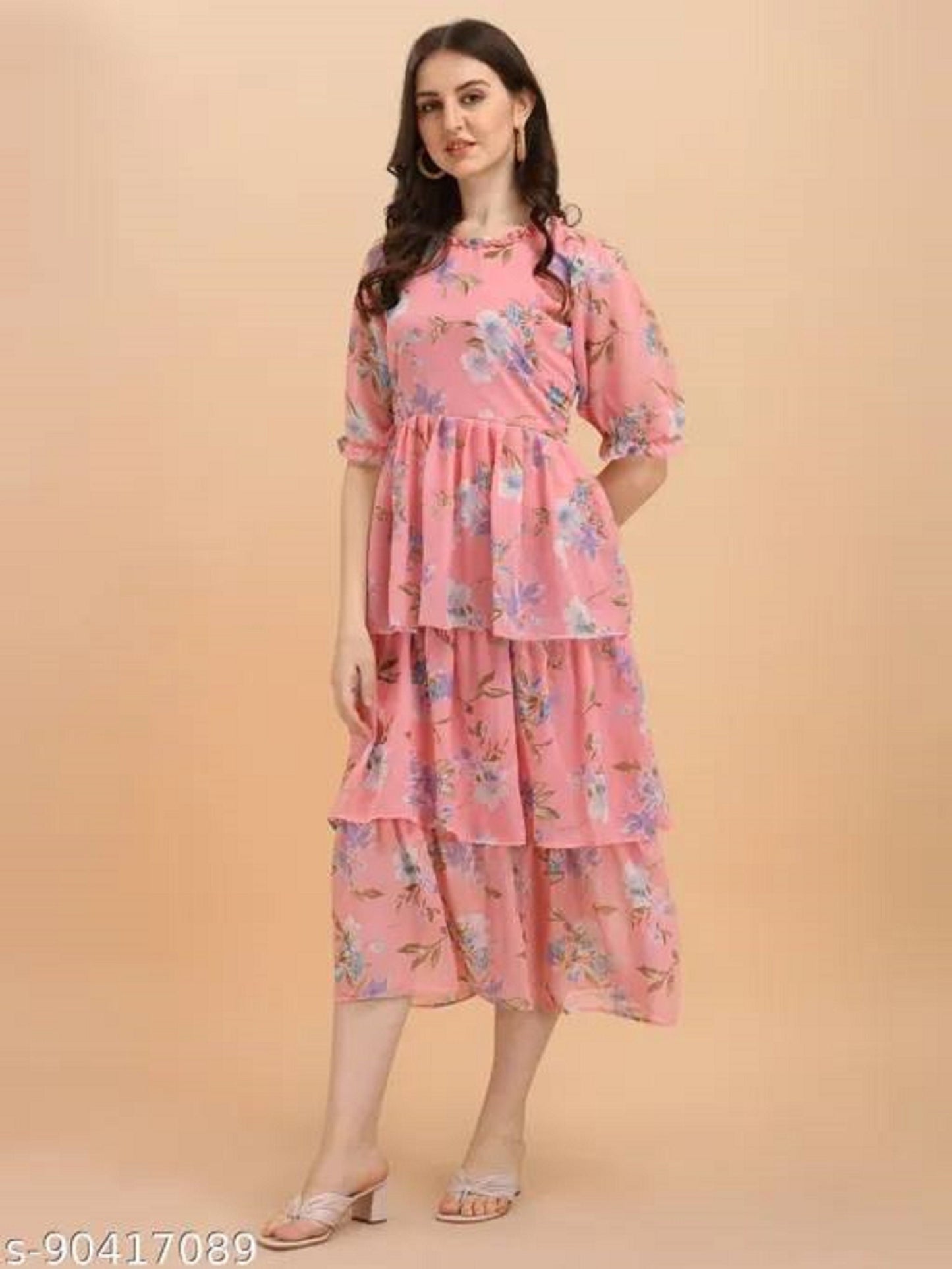 Women georgette digital print Floral Long Dress Korean boat  Neck Short Sleeve  Dresses Summer Bohemian Print Beach Dress Gifts For Her