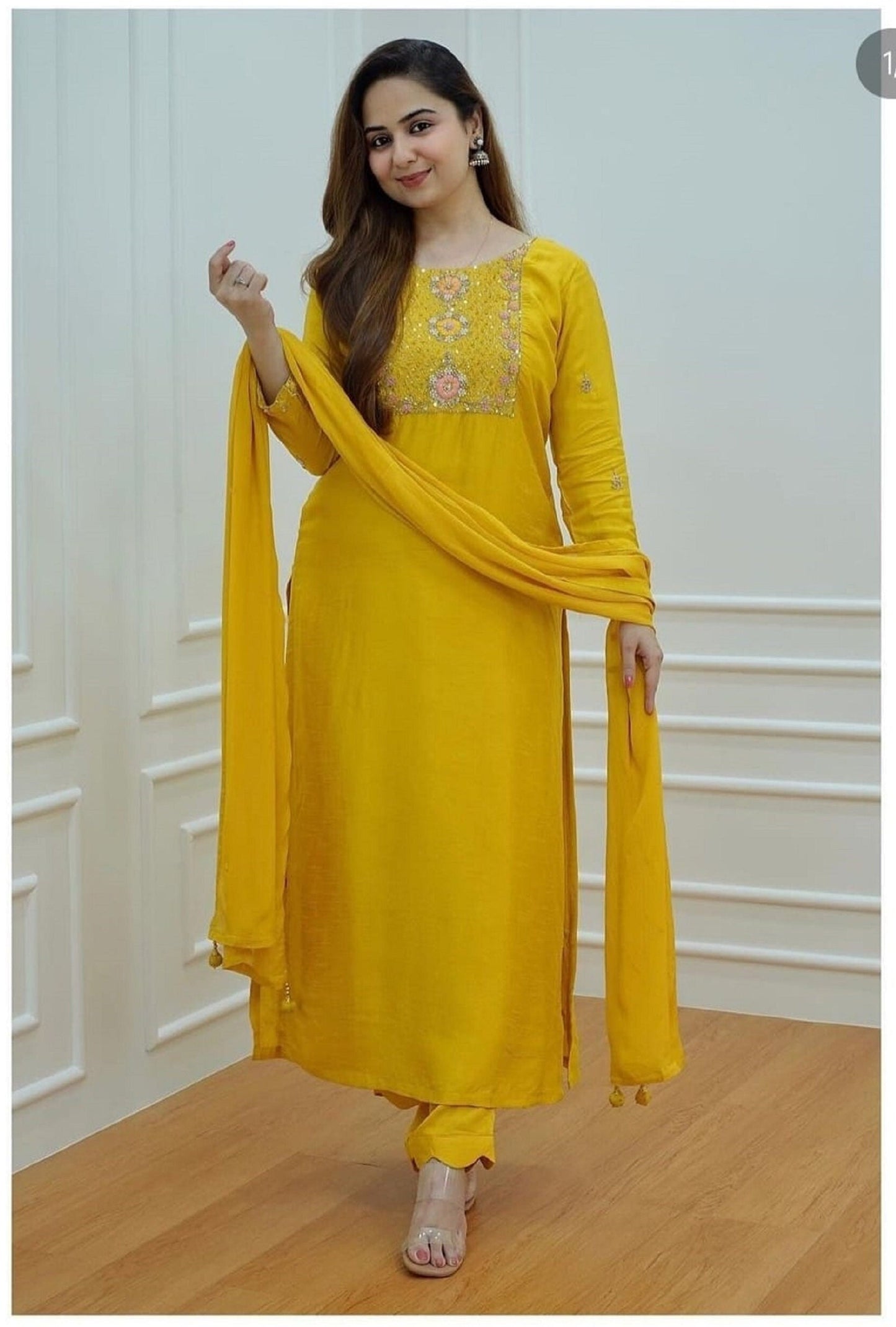 Readymade Yellow Designer 3 Piece Salwar Kameez, Beautiful Printed Kurti With Pant And Dupatta