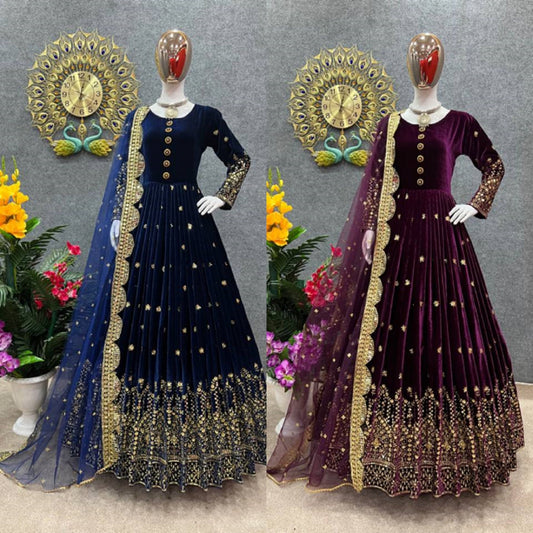 Diwali Special Velvet Anarkali Gown With Trouser With Sequins Work And Embroidery For Special Wedding Functions, Party Wear (Fully Stitched)