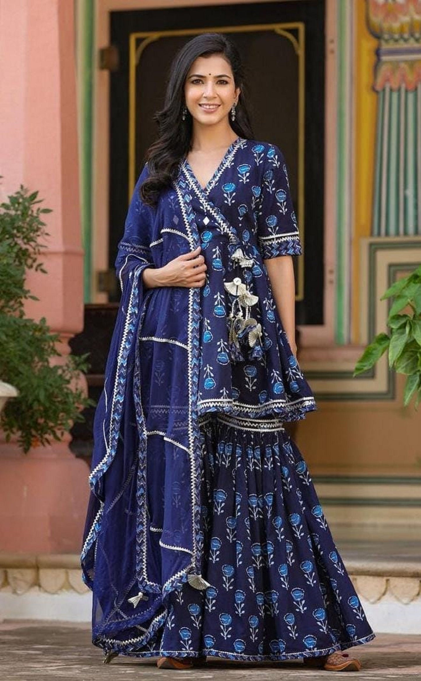 Premium Indian Angrakha V neck Blue Full Flared Kurta Sharara set with Dupatta, Cotton Printed Ethnic Salwar Kameez Readymade for women