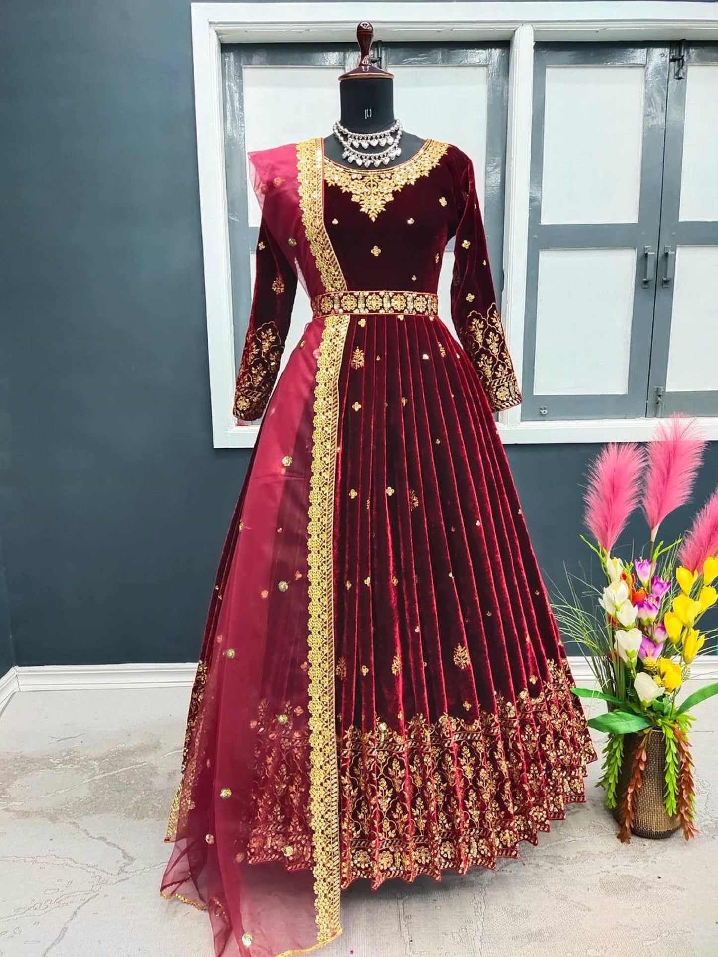 Bollywood Inspired Velvet Embroidered Anarkali Gown with Dupatta 2 pc Set Readymade, maroon/Green Long Flared Velvet Kurta set Partywear