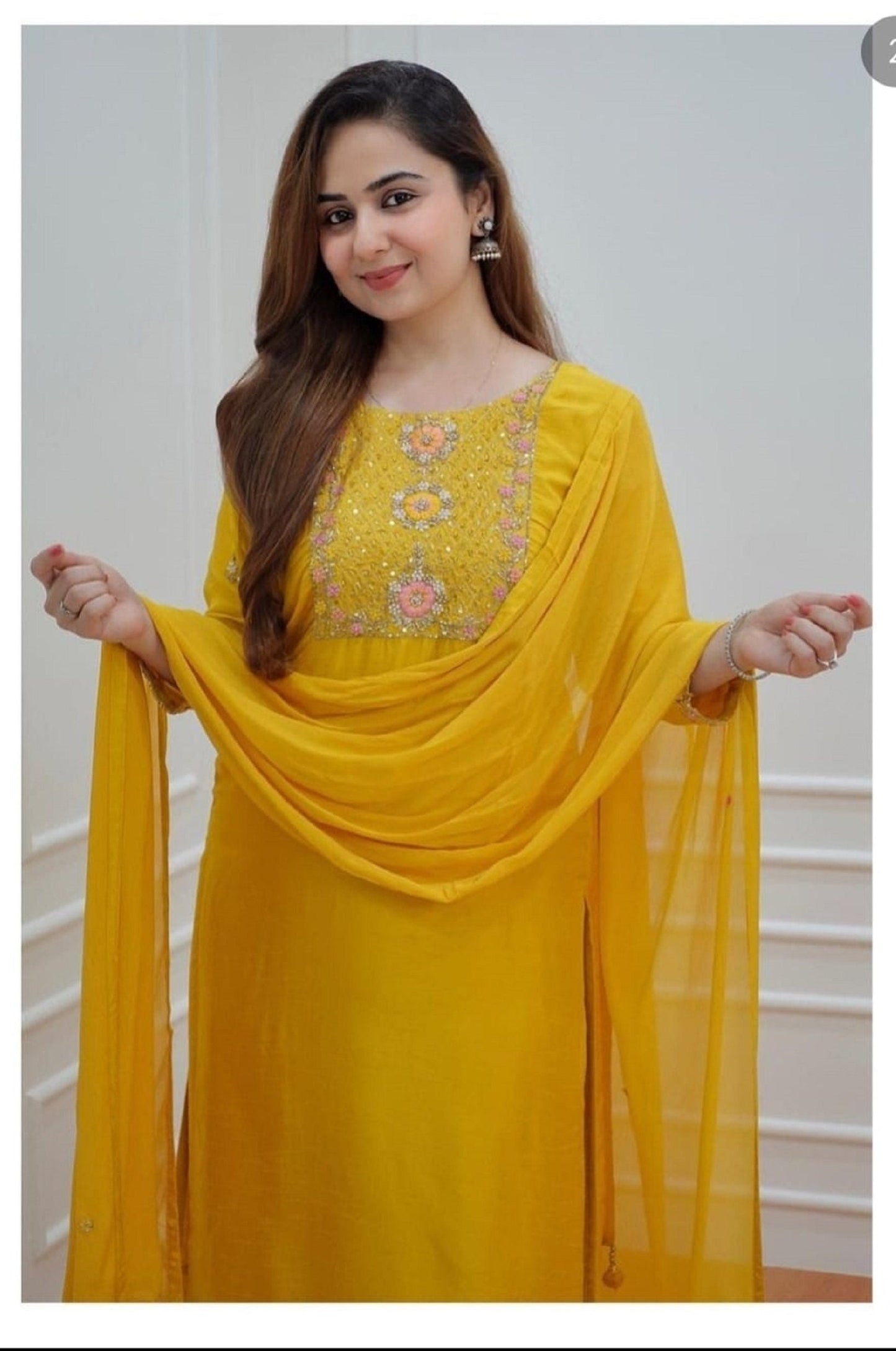 Readymade Yellow Designer 3 Piece Salwar Kameez, Beautiful Printed Kurti With Pant And Dupatta