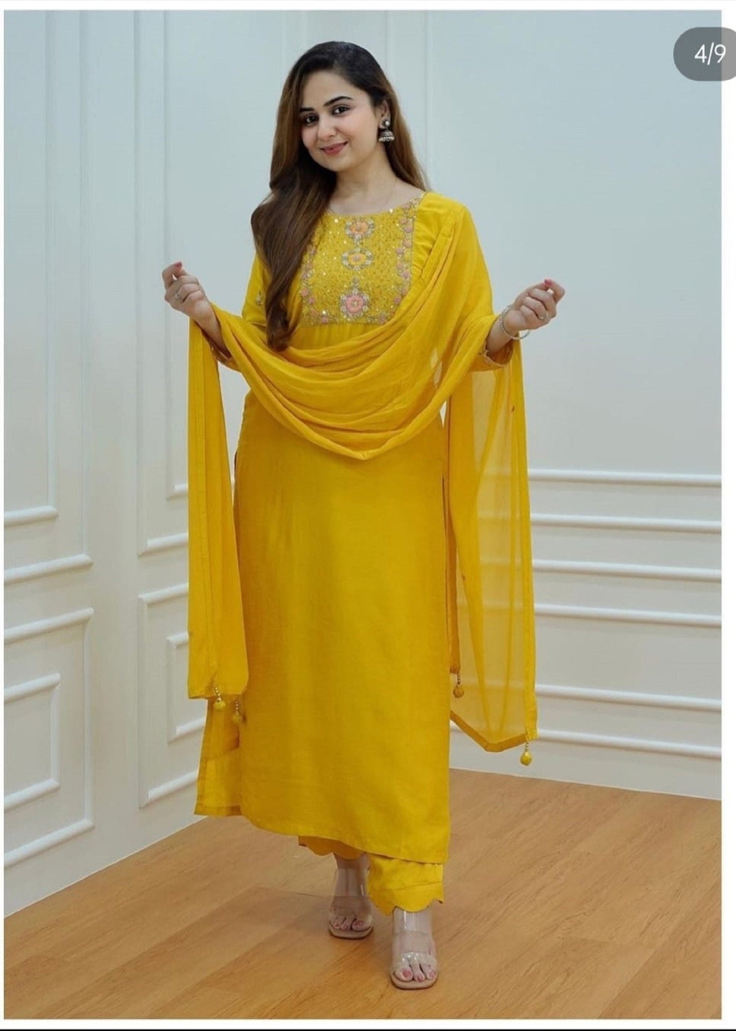 Readymade Yellow Designer 3 Piece Salwar Kameez, Beautiful Printed Kurti With Pant And Dupatta