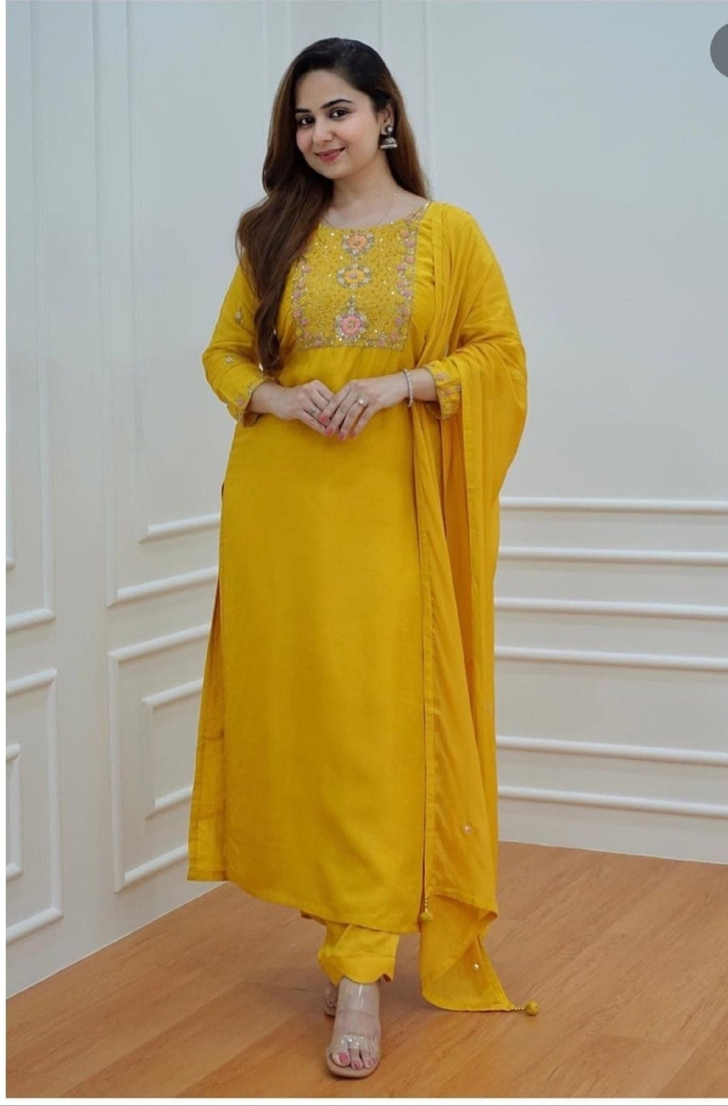 Readymade Yellow Designer 3 Piece Salwar Kameez, Beautiful Printed Kurti With Pant And Dupatta