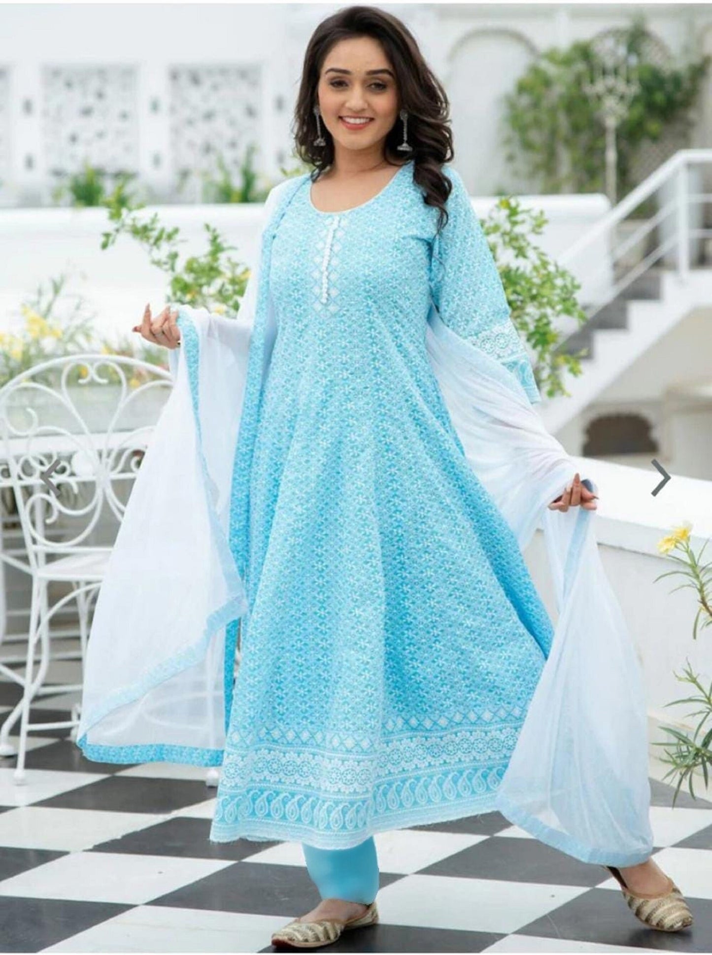 Premium Pure Sky Blue Chikankari Anarkali Suit with Pant and Dupatta, Full Flared Embroidered Cotton Elegant Salwar Suit Reaymade upto 5XL,