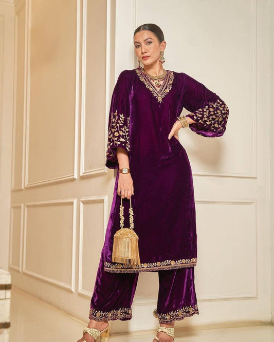 Indian Designer Heavy Velvet wine Color Kurta Palazzo set with Georgette Dupatta & Bell Sleeves, Zari Embroidered 3 Pc Partywear Readymade