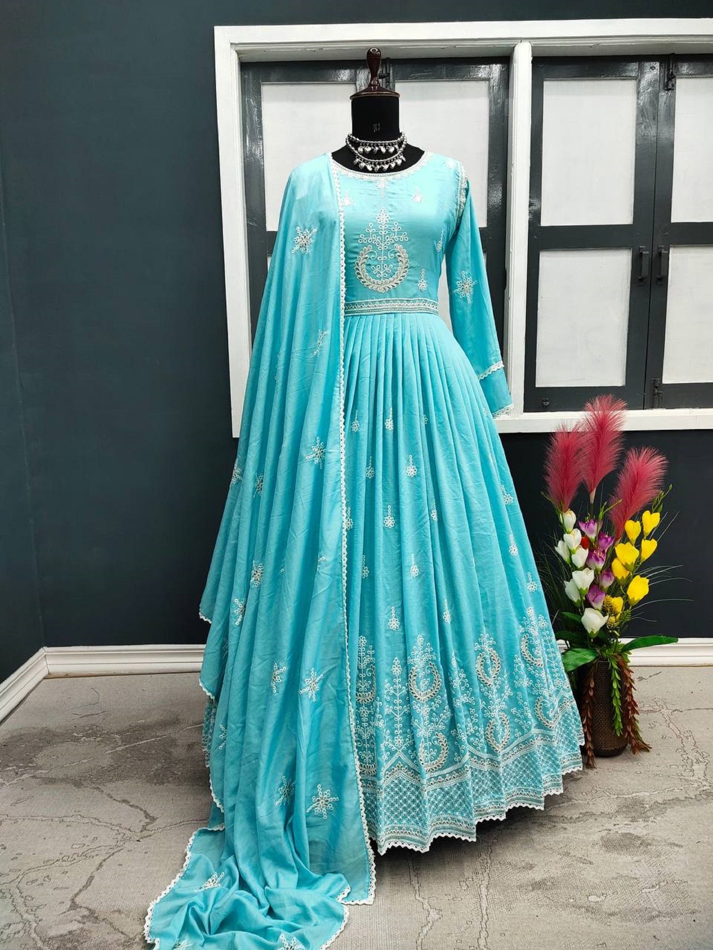 Designer Anarkali Kurti With Beautiful Dupatta Long Flared Partywear Gown Indian Women Ethnic Salwar Kameez Readymade Stitched Gown Suit