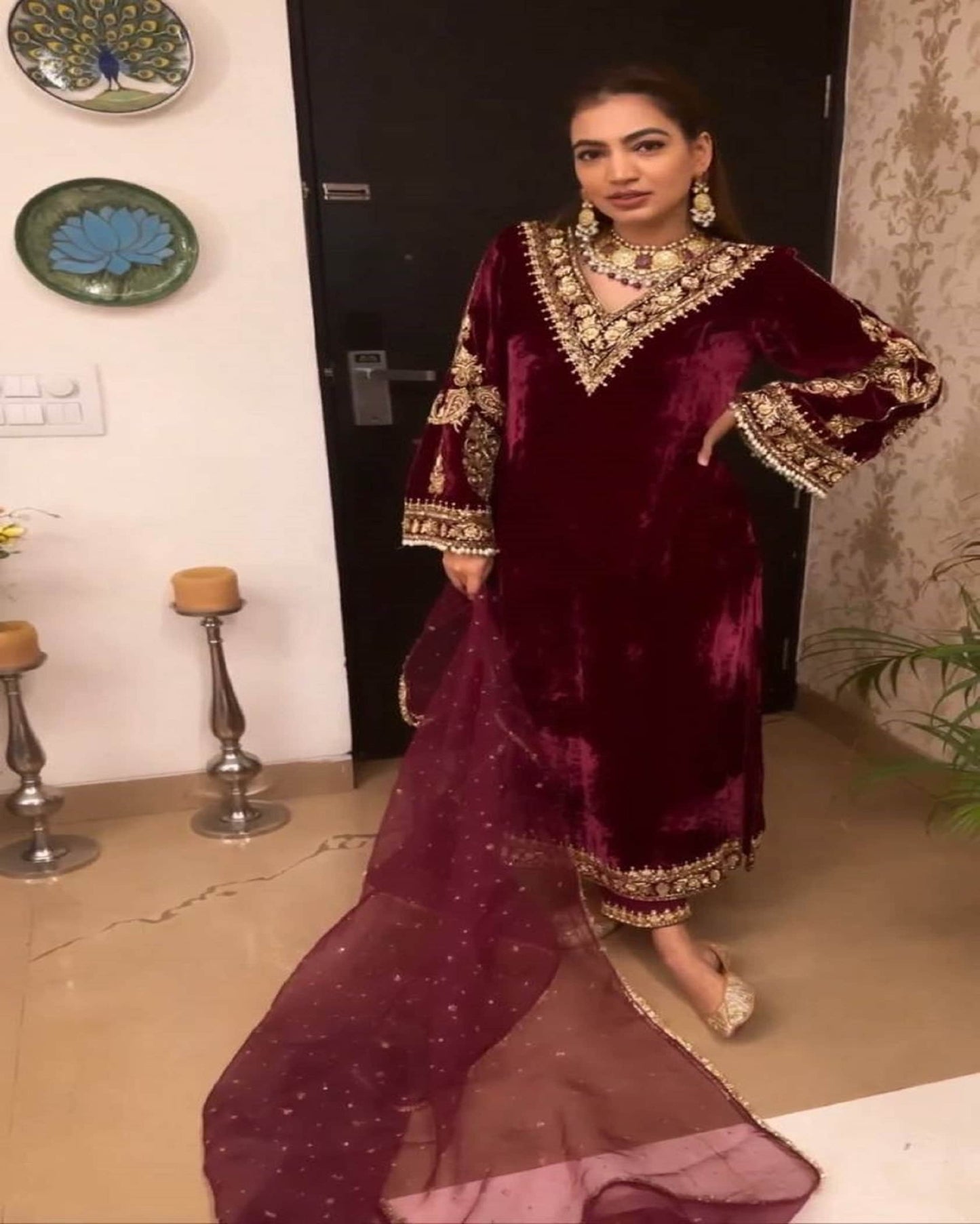 Indian Velvet Salwar Kameez, Sequin Embroidered Straight Pakistani maroon Colour Kurta, Dupatta & Pant, Bridesmaids Ethnic Gown For Women