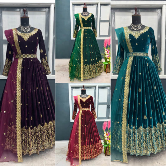 Bollywood Inspired Velvet Embroidered Anarkali Gown with Dupatta 2 pc Set Readymade, maroon/Green Long Flared Velvet Kurta set Partywear