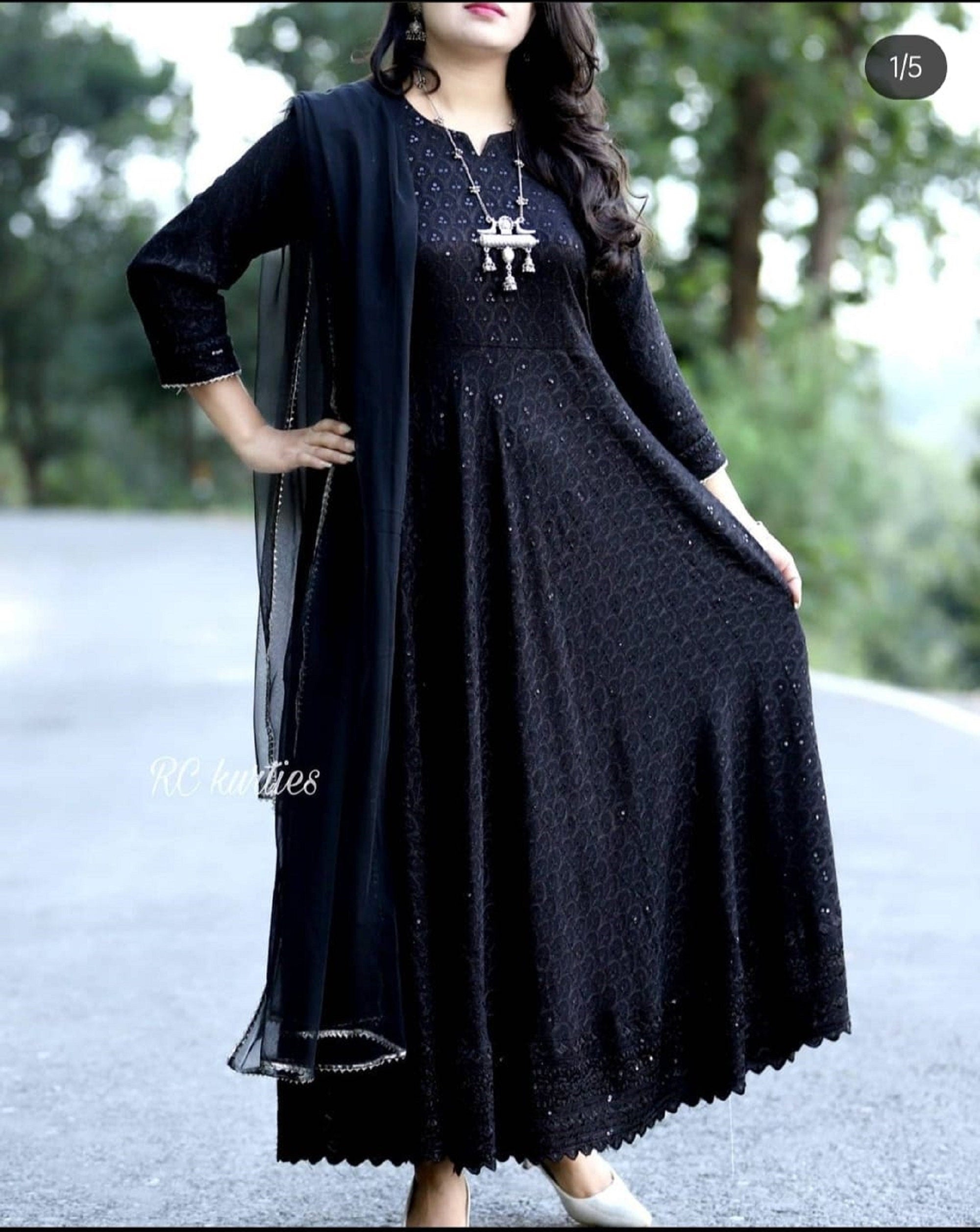Black Anarkali Gown in Faux Georgette with Embroidery Sequen