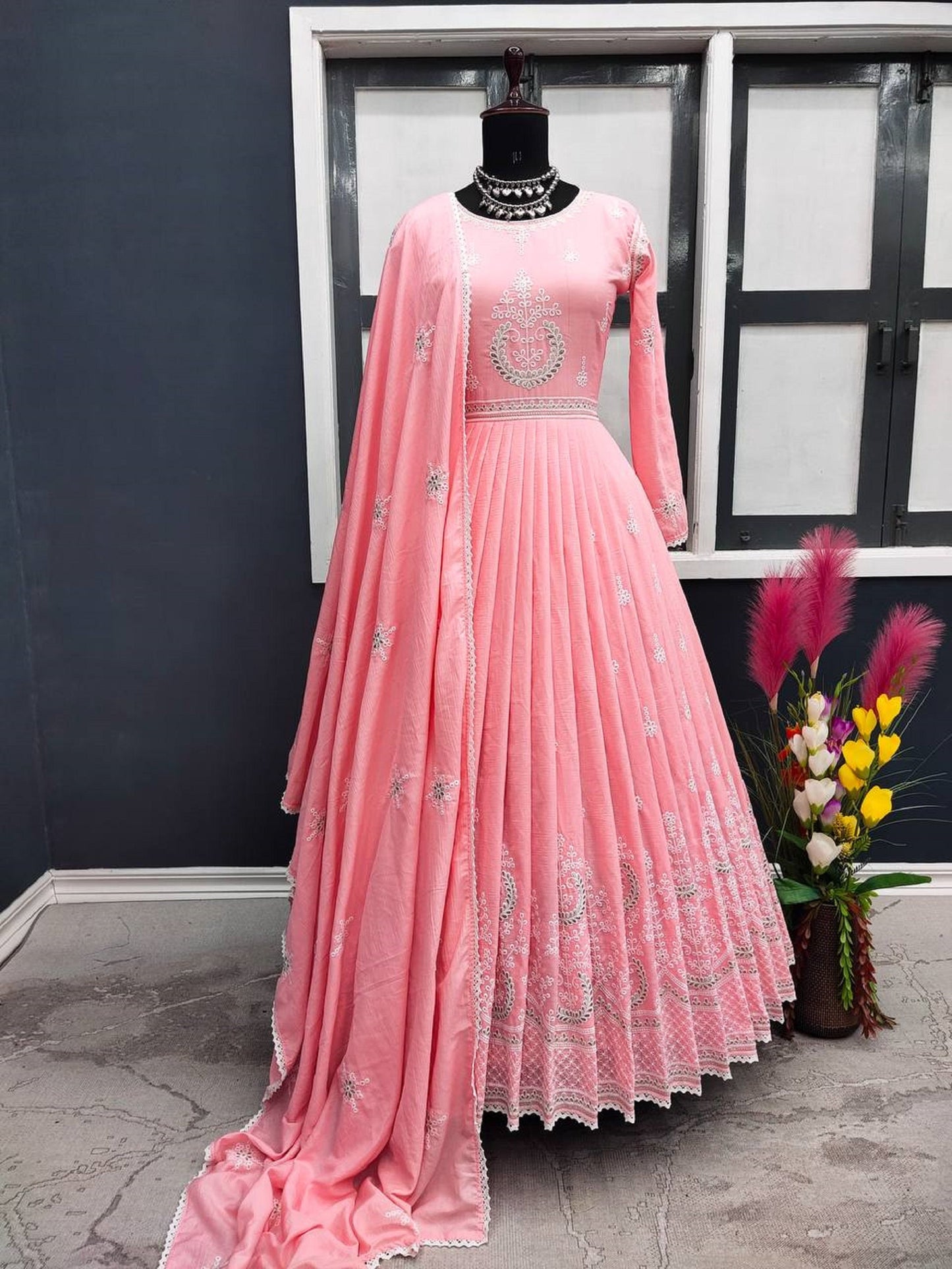 Designer Anarkali Kurti With Beautiful Dupatta Long Flared Partywear Gown Indian Women Ethnic Salwar Kameez Readymade Stitched Gown Suit