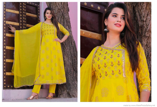 Women Indian Partywear Designer Bollywood Style yellow Color Kurti Pant With Dupatta Readymade Salwar Kameez