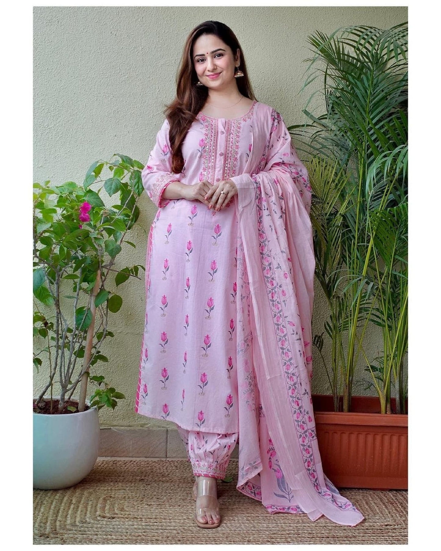 Indian Straight Kurti Pant Dupatta 3pc Casual Party Wedding Dress Readymade Salwar Kameez Baby Pink Floral AfghaniSuit afghani pant dupatta