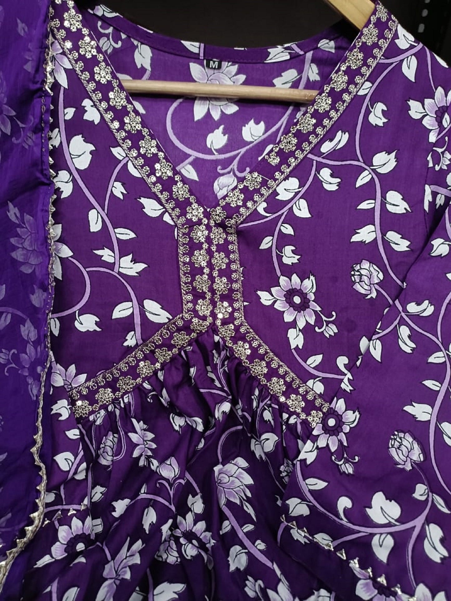 Hand made Aliya Cut Floral Kruti Pant Dupatta Set , Pakistani 3 piece Set for women , Hand embroidery sequence and less work purple suit