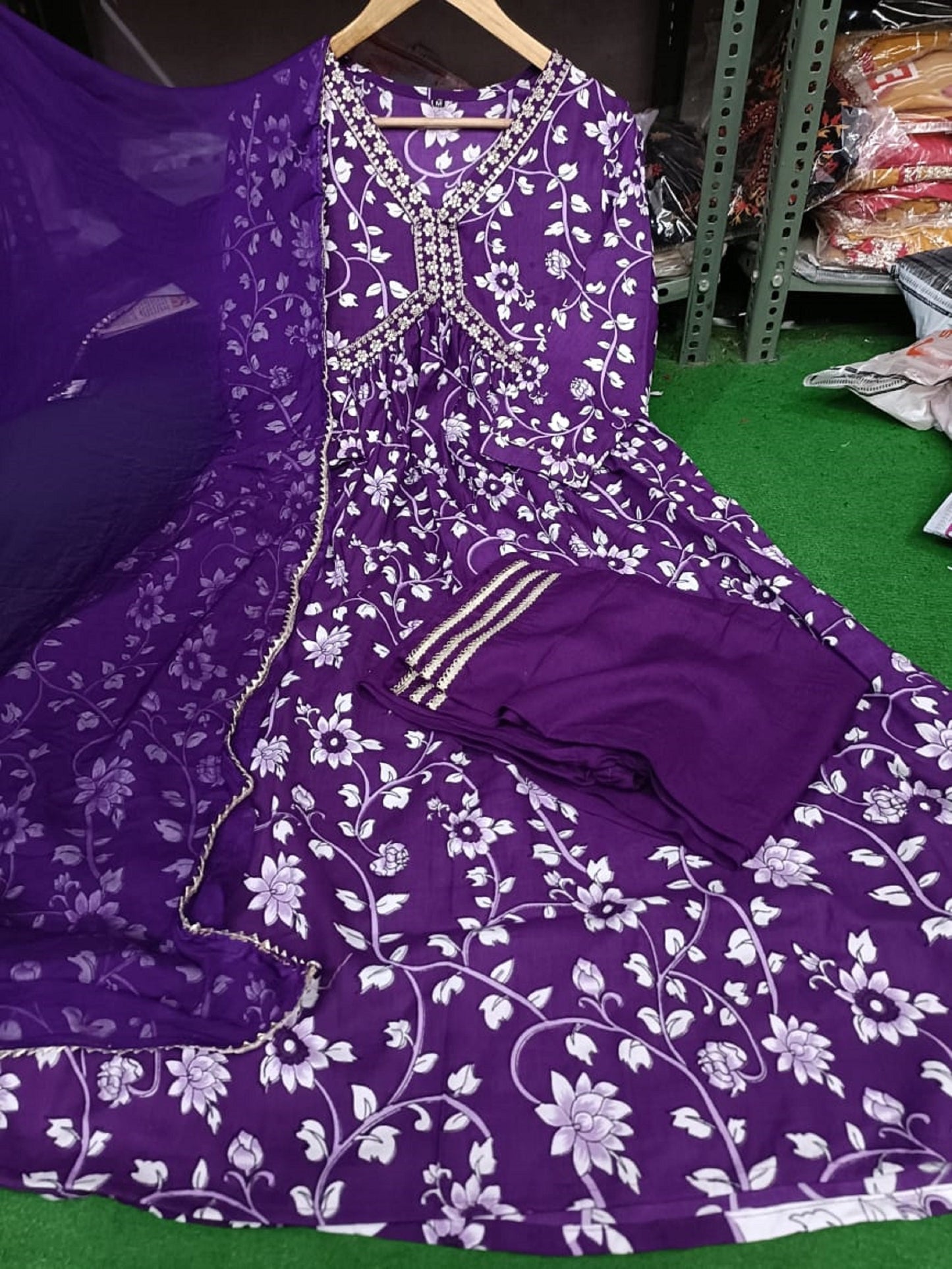 Hand made Aliya Cut Floral Kruti Pant Dupatta Set , Pakistani 3 piece Set for women , Hand embroidery sequence and less work purple suit