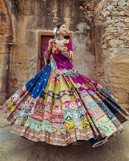 Heavy Butter Silk Traditional Navratri Lehenga Choli, Garba Choli,Gujrati Special Lehenga Choli, Multi Color Real Mirror Work Chaniya Choli,