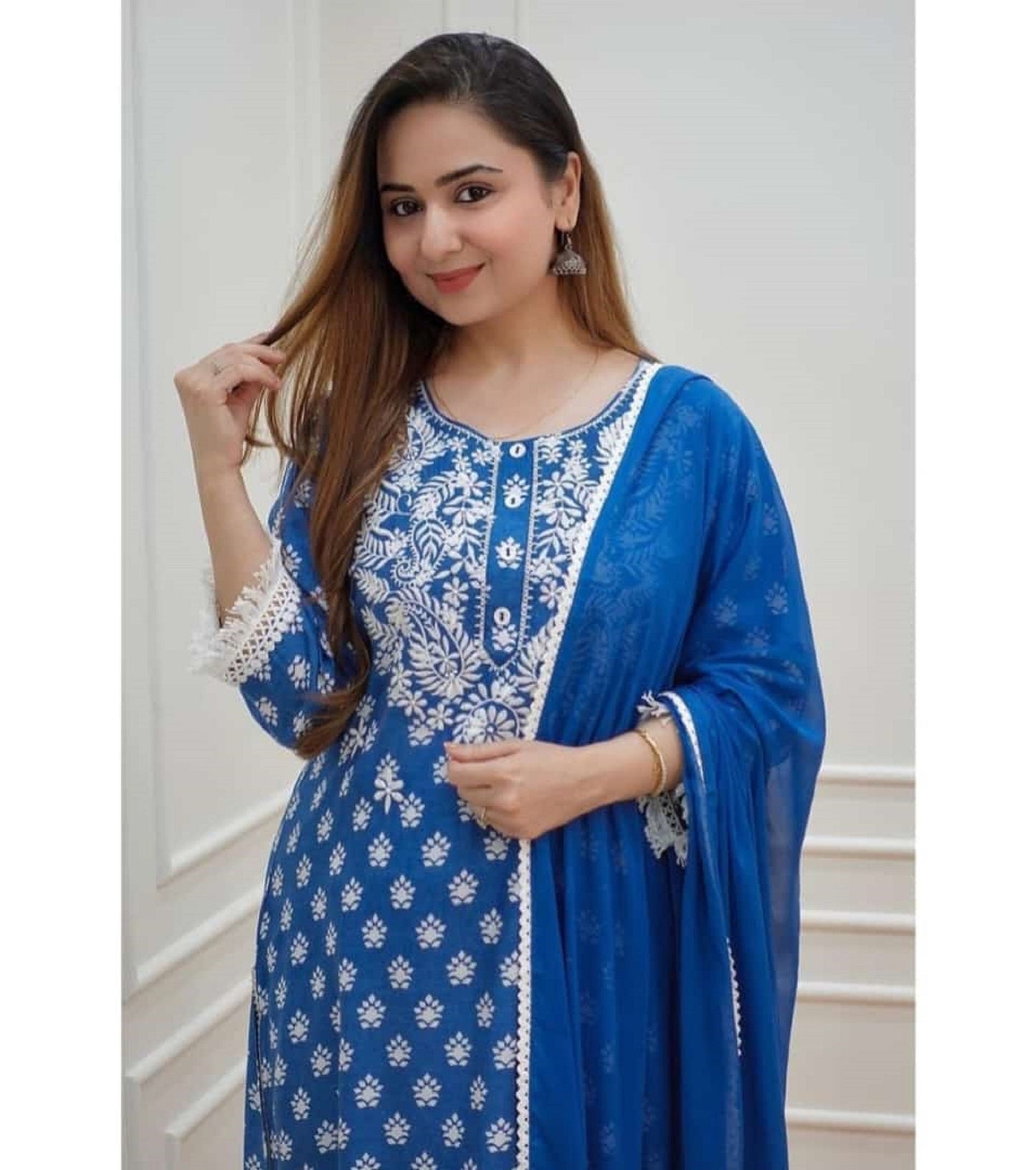 Women Cotton Anarkali Printed Blue Kurti Pant with Dupatta Set, Blue Suits, Kurta and Kurti Sets, Cotton Suits, Indian Women Suits