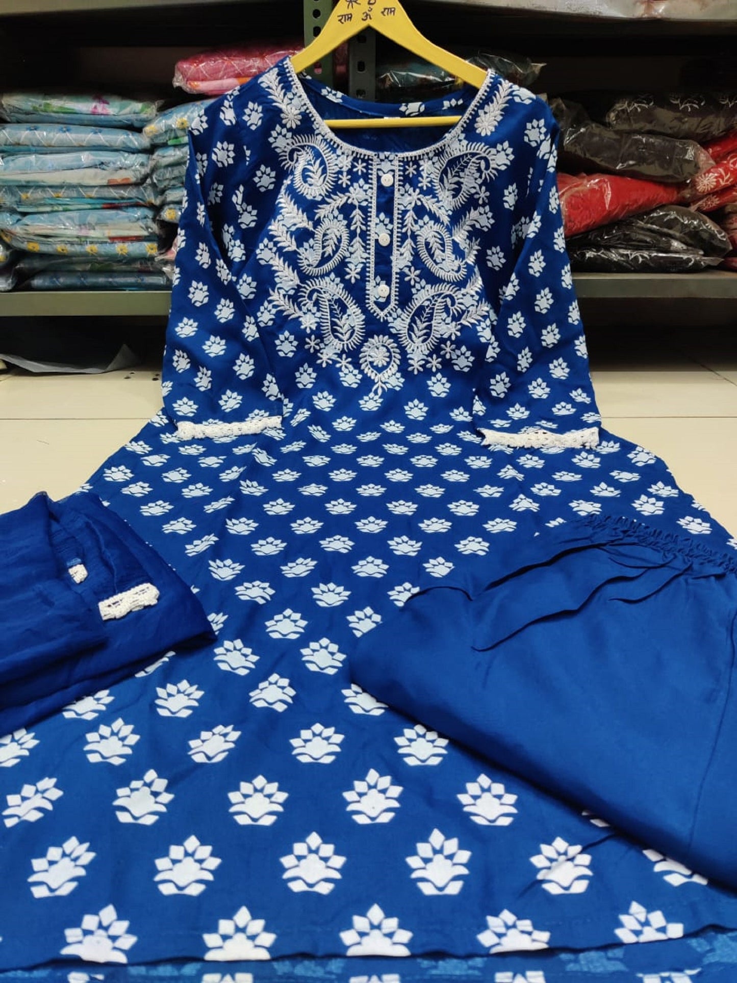 Women Cotton Anarkali Printed Blue Kurti Pant with Dupatta Set, Blue Suits, Kurta and Kurti Sets, Cotton Suits, Indian Women Suits