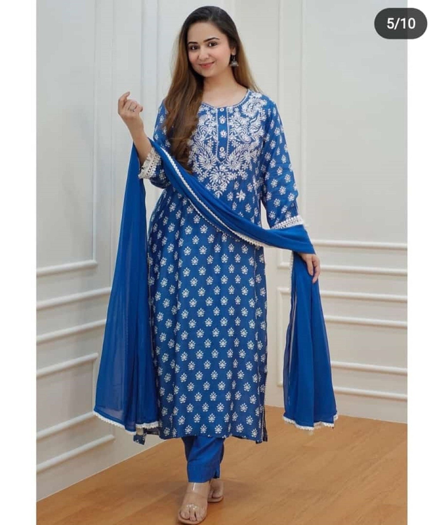 Women Cotton Anarkali Printed Blue Kurti Pant with Dupatta Set, Blue Suits, Kurta and Kurti Sets, Cotton Suits, Indian Women Suits