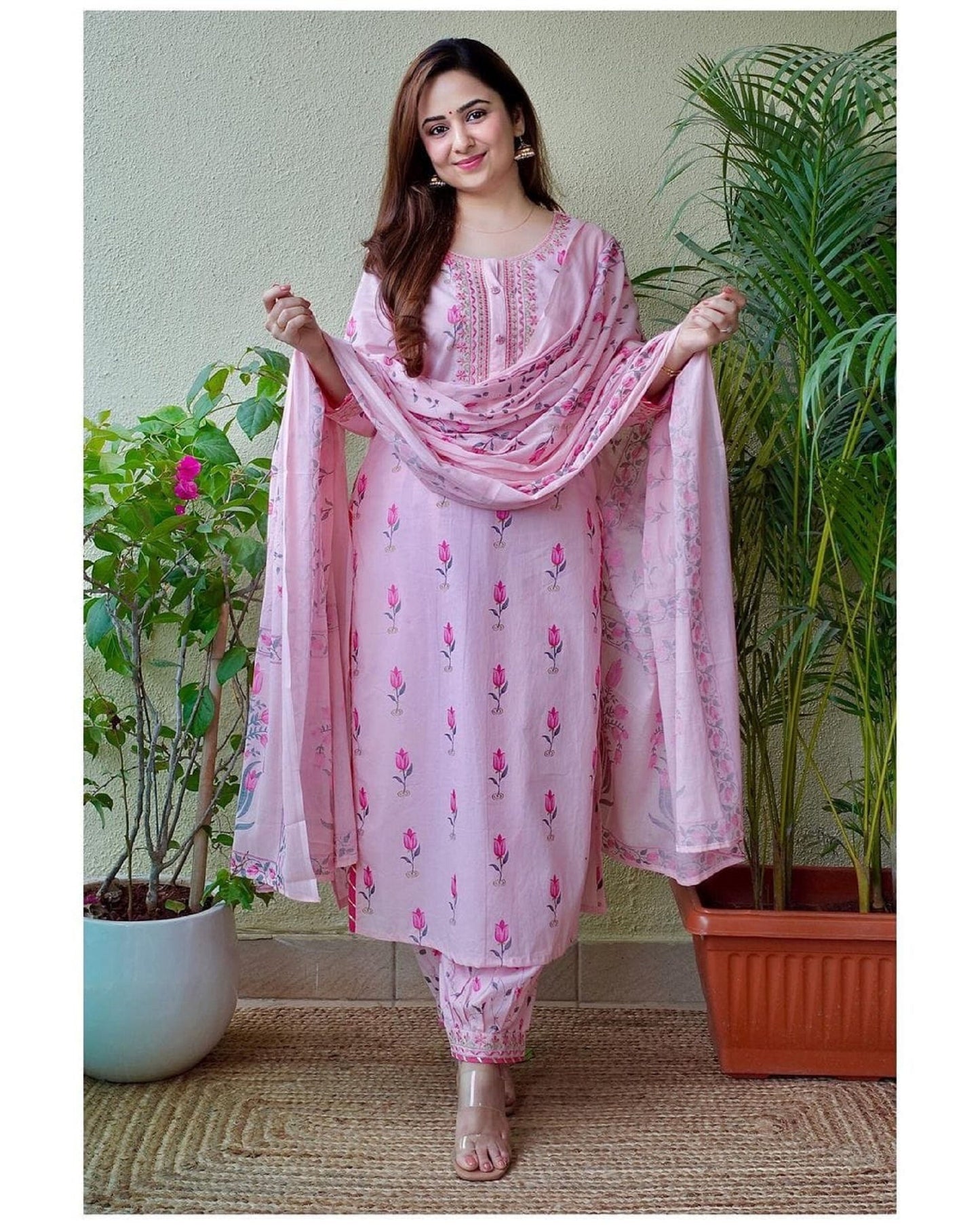 Indian Straight Kurti Pant Dupatta 3pc Casual Party Wedding Dress Readymade Salwar Kameez Baby Pink Floral AfghaniSuit afghani pant dupatta