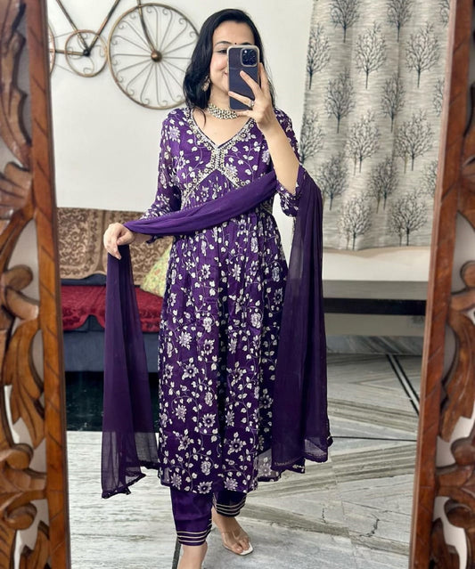 Hand made Aliya Cut Floral Kruti Pant Dupatta Set , Pakistani 3 piece Set for women , Hand embroidery sequence and less work purple suit