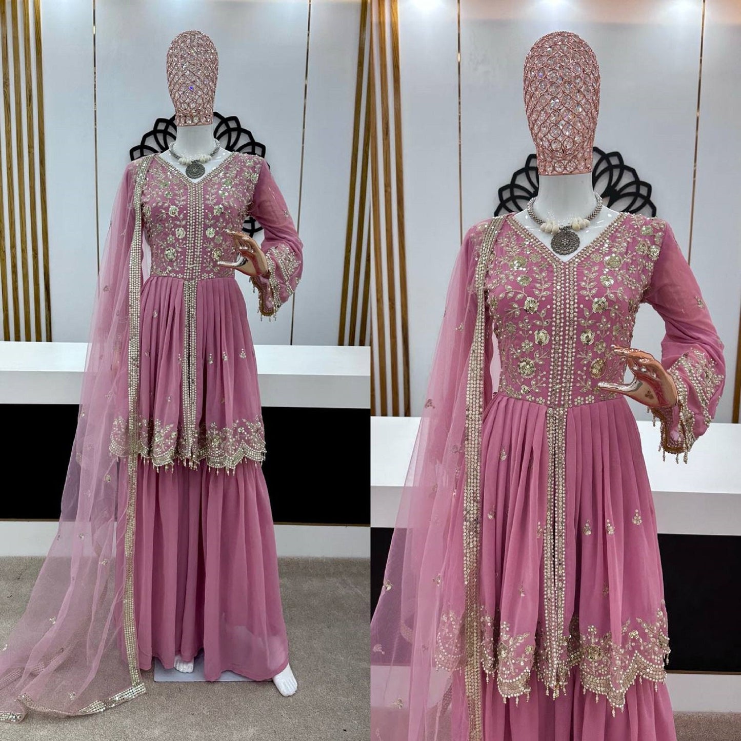 Indian Bollywood Inspired Short Georgette Kurta with Sequence Work, Sharara and Dupatta Set, Pink Outfits, Beautiful 3 piece Partywear