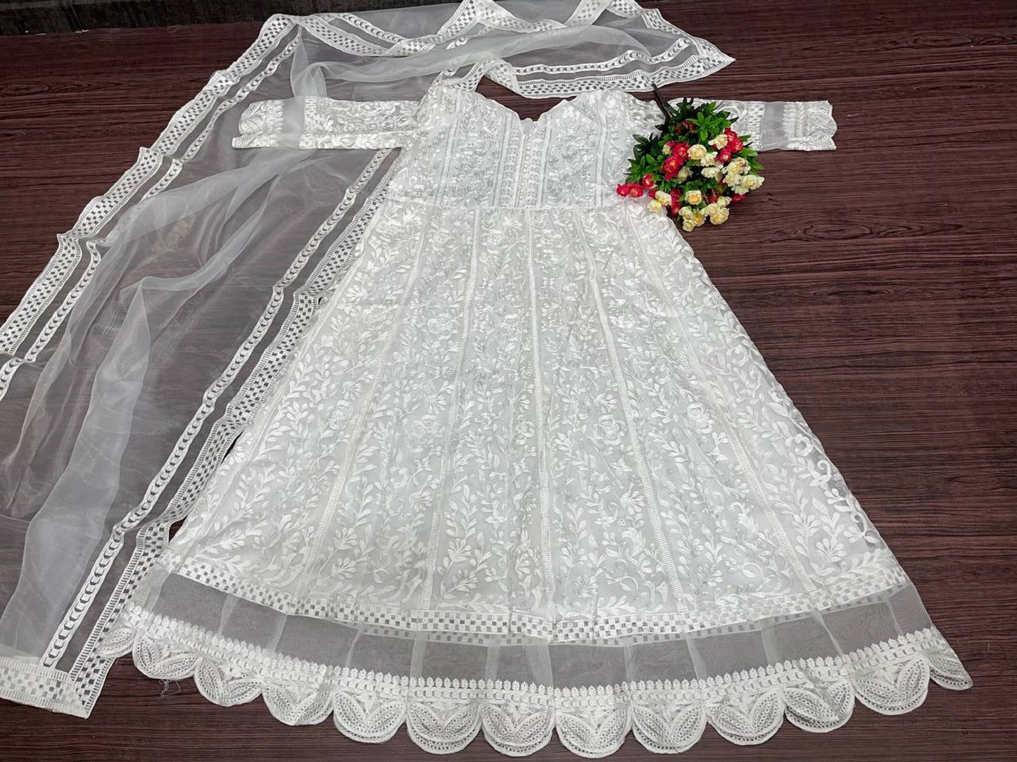 Indian White Chikankari Flared Long Gown With Dupatta, Traditional Party Wear, Pakistani Beautiful Ruffled Maxi Outfit for Women USA