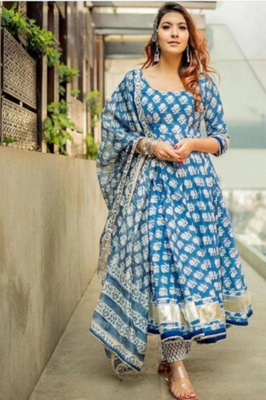 Blue Anarkali suit With Embroidered dupatta With Gota detailing and hand painting