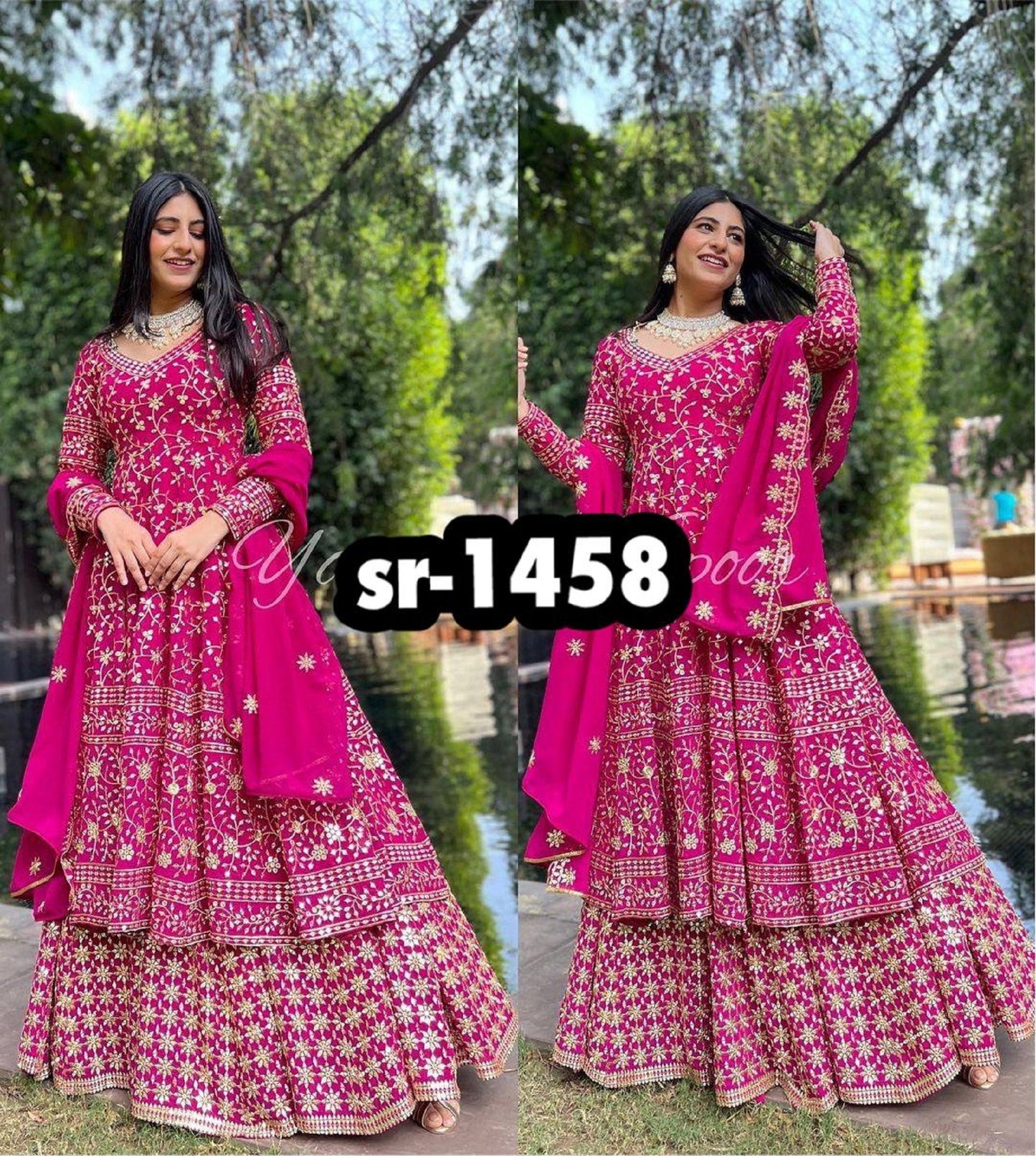 Pakistani style georgette embroidery anarkali top with sharara dupatta Indian Ethnic pink piece Dress Set Readymade upto 2XL