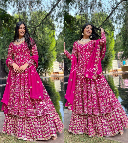 Pakistani style georgette embroidery anarkali top with sharara dupatta Indian Ethnic pink piece Dress Set Readymade upto 2XL