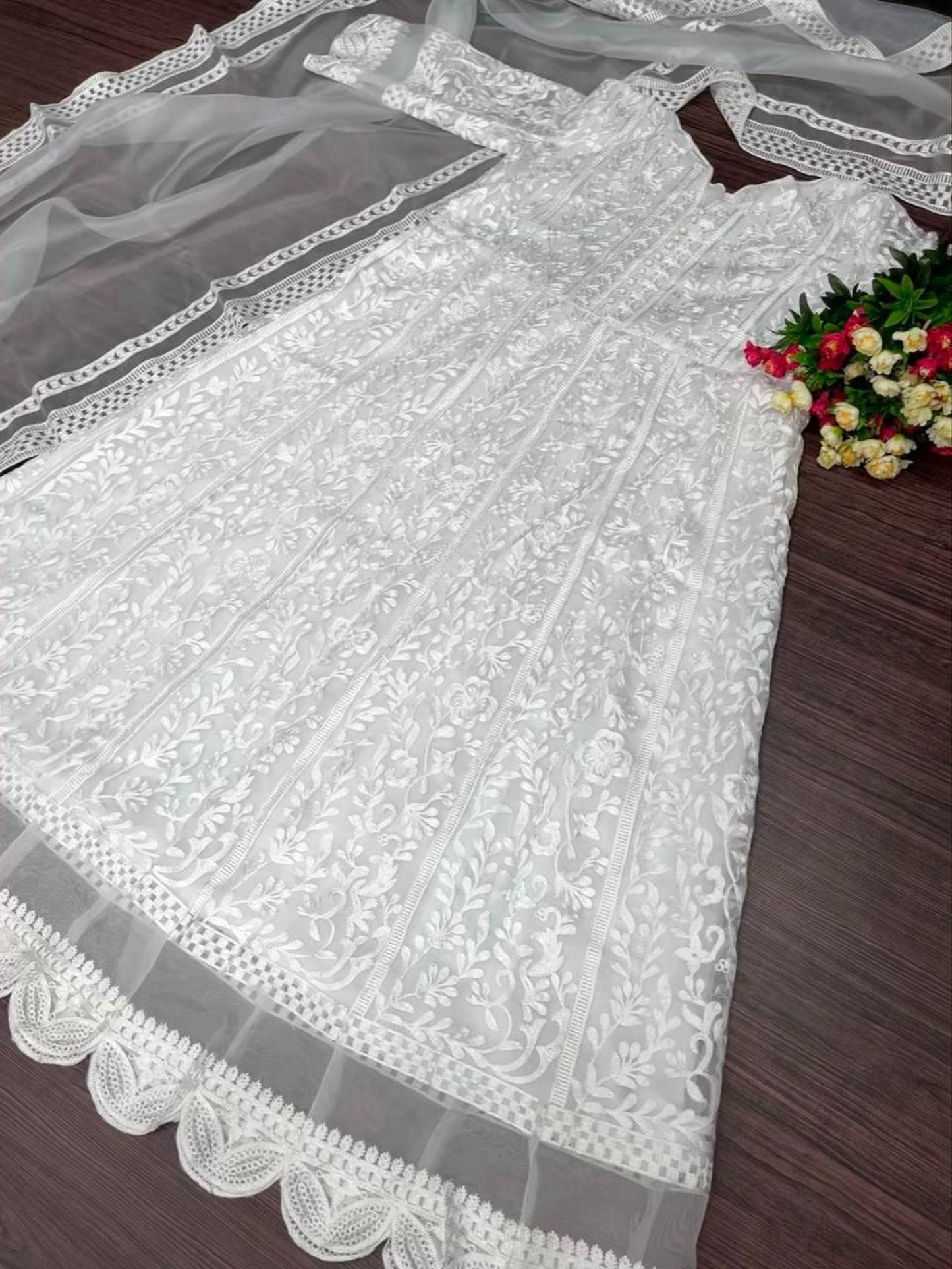 Indian White Chikankari Flared Long Gown With Dupatta, Traditional Party Wear, Pakistani Beautiful Ruffled Maxi Outfit for Women USA