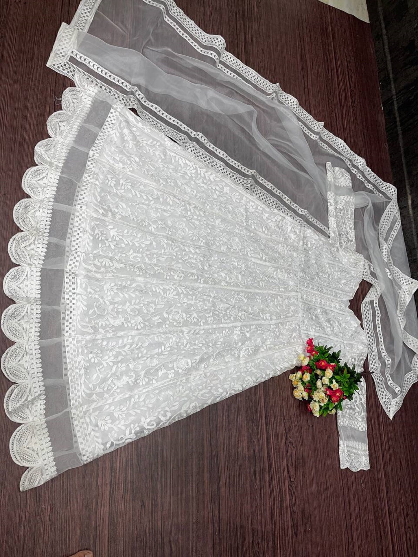 Indian White Chikankari Flared Long Gown With Dupatta, Traditional Party Wear, Pakistani Beautiful Ruffled Maxi Outfit for Women USA