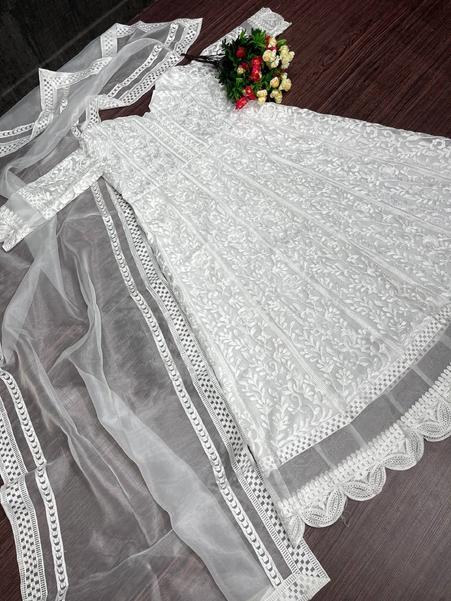 Indian White Chikankari Flared Long Gown With Dupatta, Traditional Party Wear, Pakistani Beautiful Ruffled Maxi Outfit for Women USA