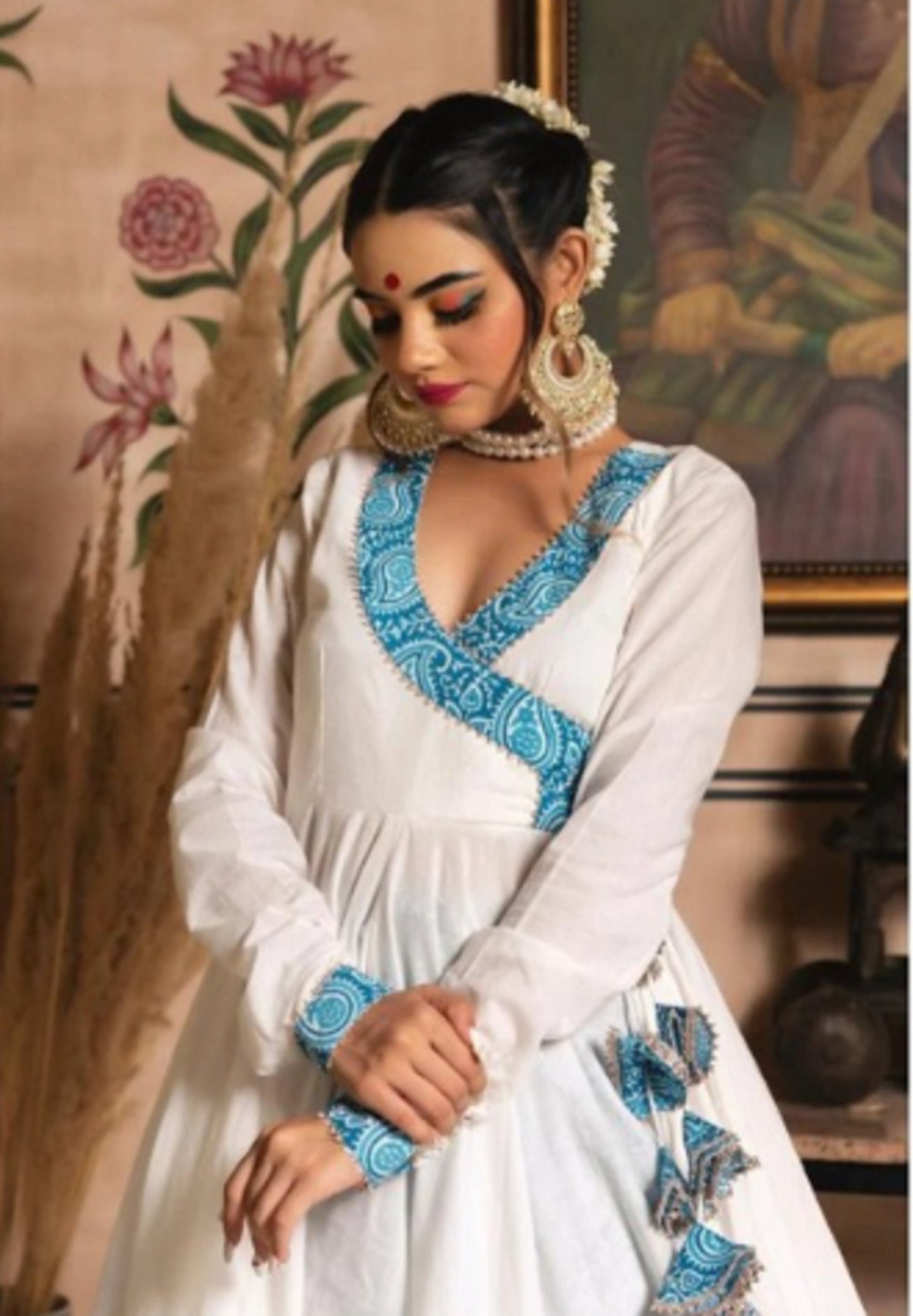 Handmade Complete Stitched. Indian White Traditional Designers Wedding Party Wear Heavy Cotton Printed Anarkali Kurti With Dupatta Dress Set