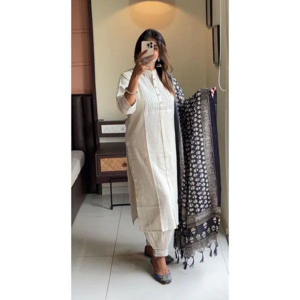 Pure khadi cotton long straight kurta with pant and khadi silk printed dupatta set, salwar kameez, cotton kurta set, khadi cotton dresses