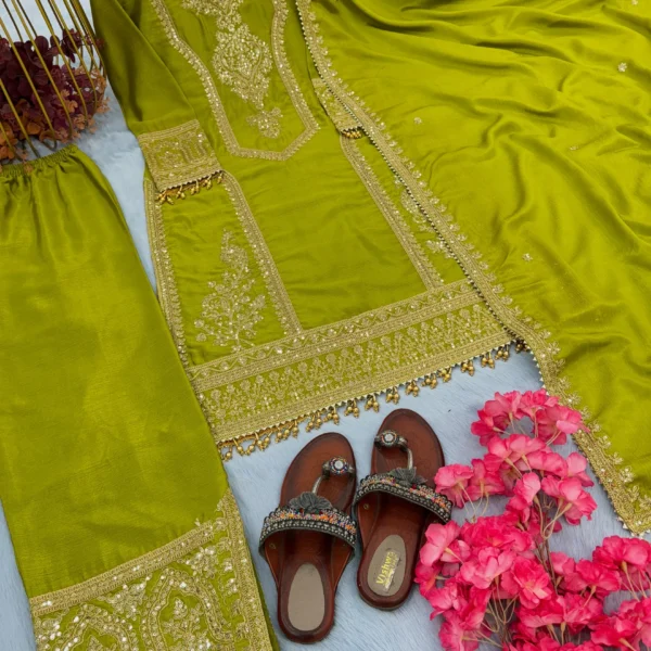 Green Party wear embroidered suit with palazzo and dupatta