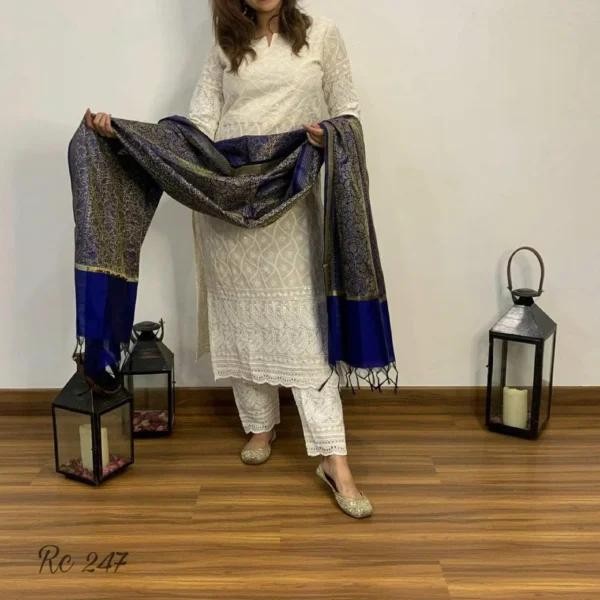 Elegant Chikankari straight long kurti paired with a rich Banarasi silk zari dupatta in deep blue and gold. A graceful ethnic outfit ideal as a Mother's Day gift, or for weddings and party wear