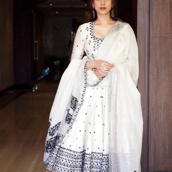 Stunning Indian designer Georgette Anarkali gown with intricate heavy embroidery and shimmering sequin work, paired with matching dupatta – perfect readymade wedding wear for women and girls