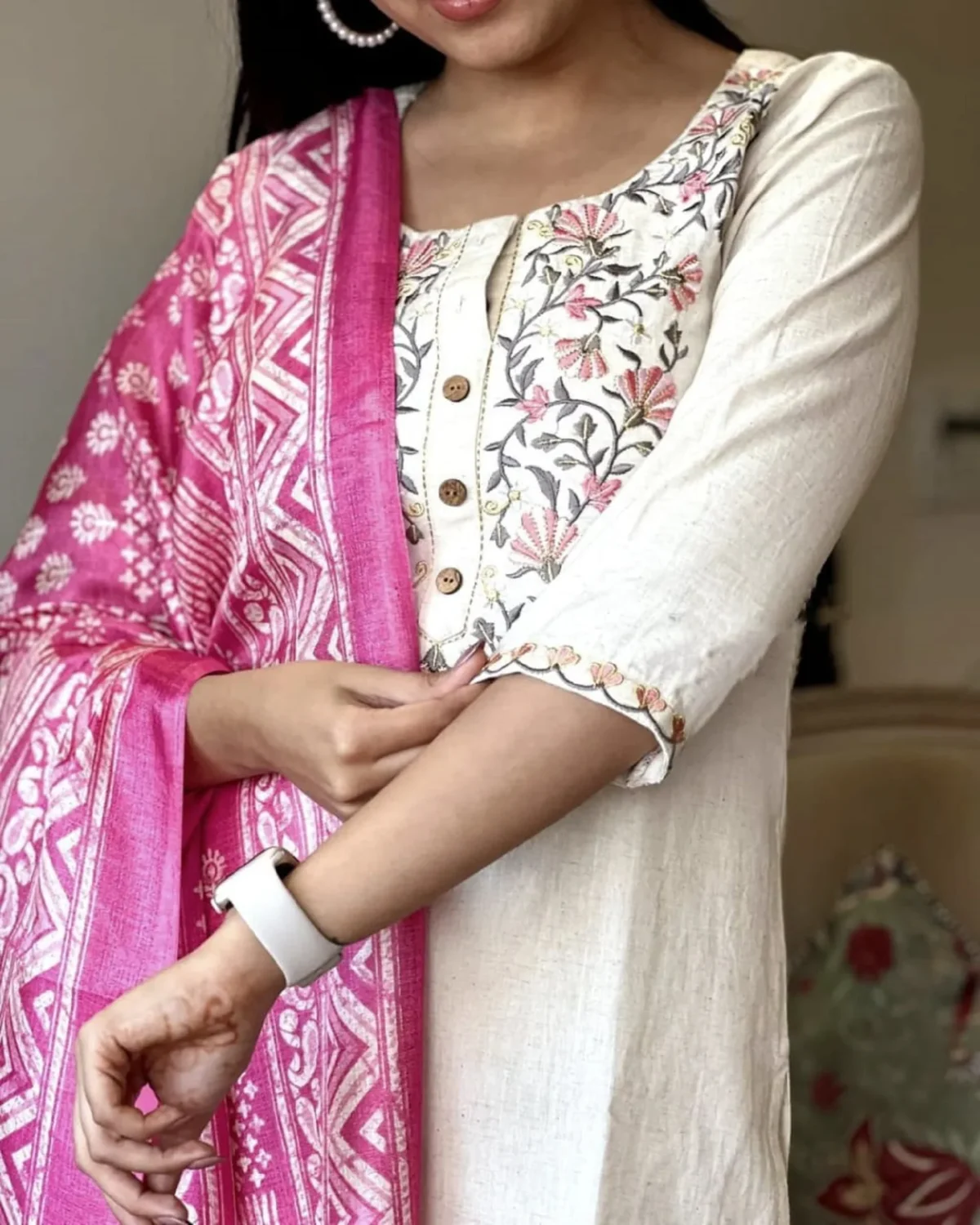 Handmade 3 piece Eid festive salwar kameez set for women featuring a cream straight kurti with floral embroidery, matching pants, and a vibrant pink printed dupatta – perfect for Indian ethnic parties, weddings, and special occasions