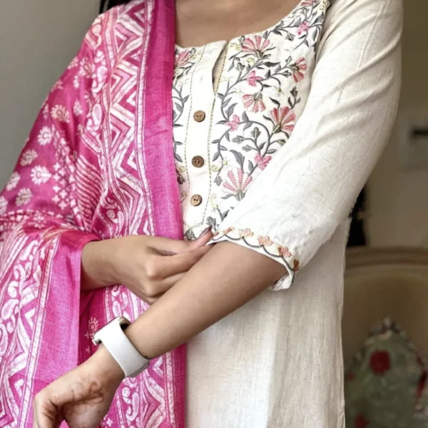 Handmade 3 piece Eid festive salwar kameez set for women featuring a cream straight kurti with floral embroidery, matching pants, and a vibrant pink printed dupatta – perfect for Indian ethnic parties, weddings, and special occasions