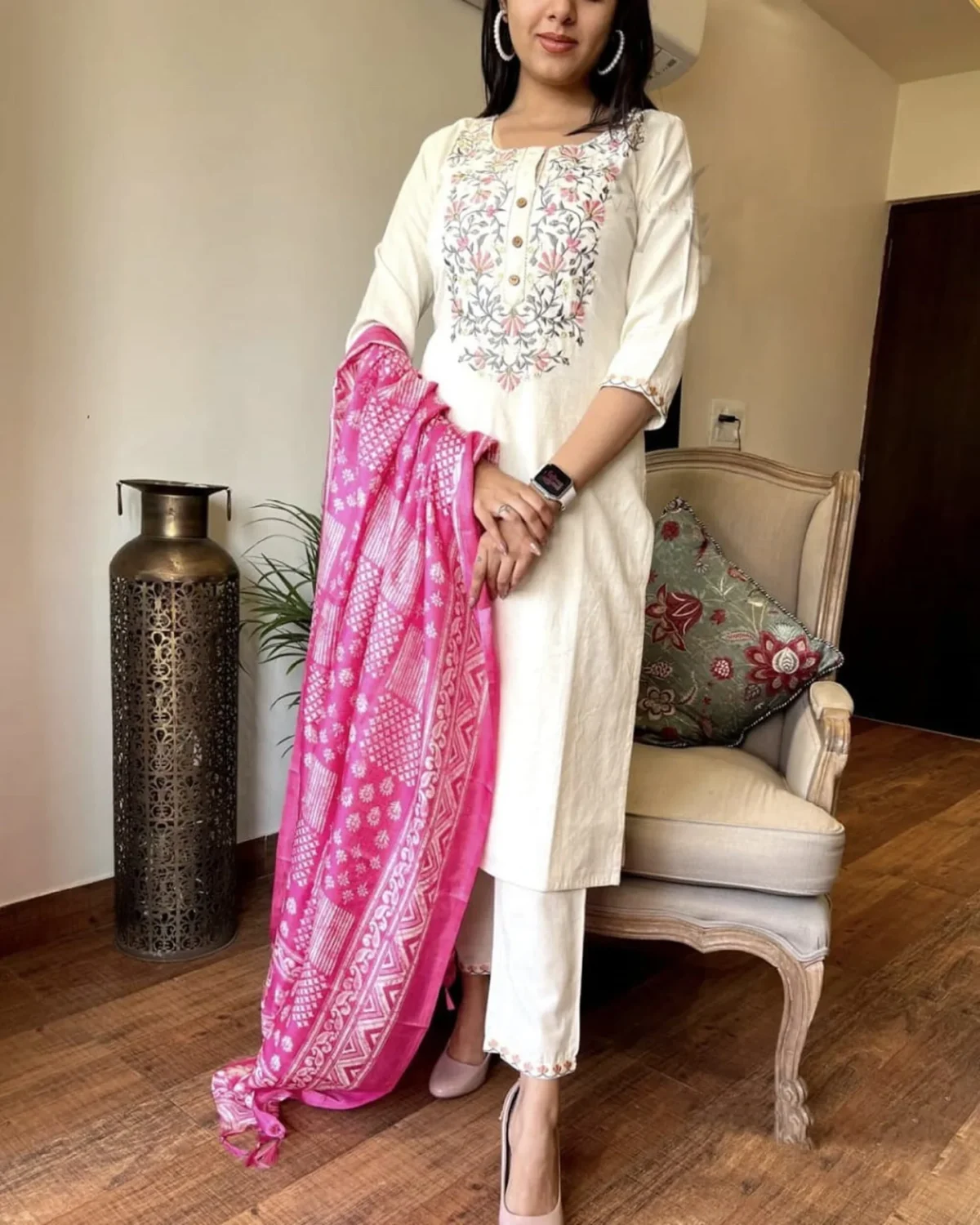 Handmade 3 piece Eid festive salwar kameez set for women featuring a cream straight kurti with floral embroidery, matching pants, and a vibrant pink printed dupatta – perfect for Indian ethnic parties, weddings, and special occasions